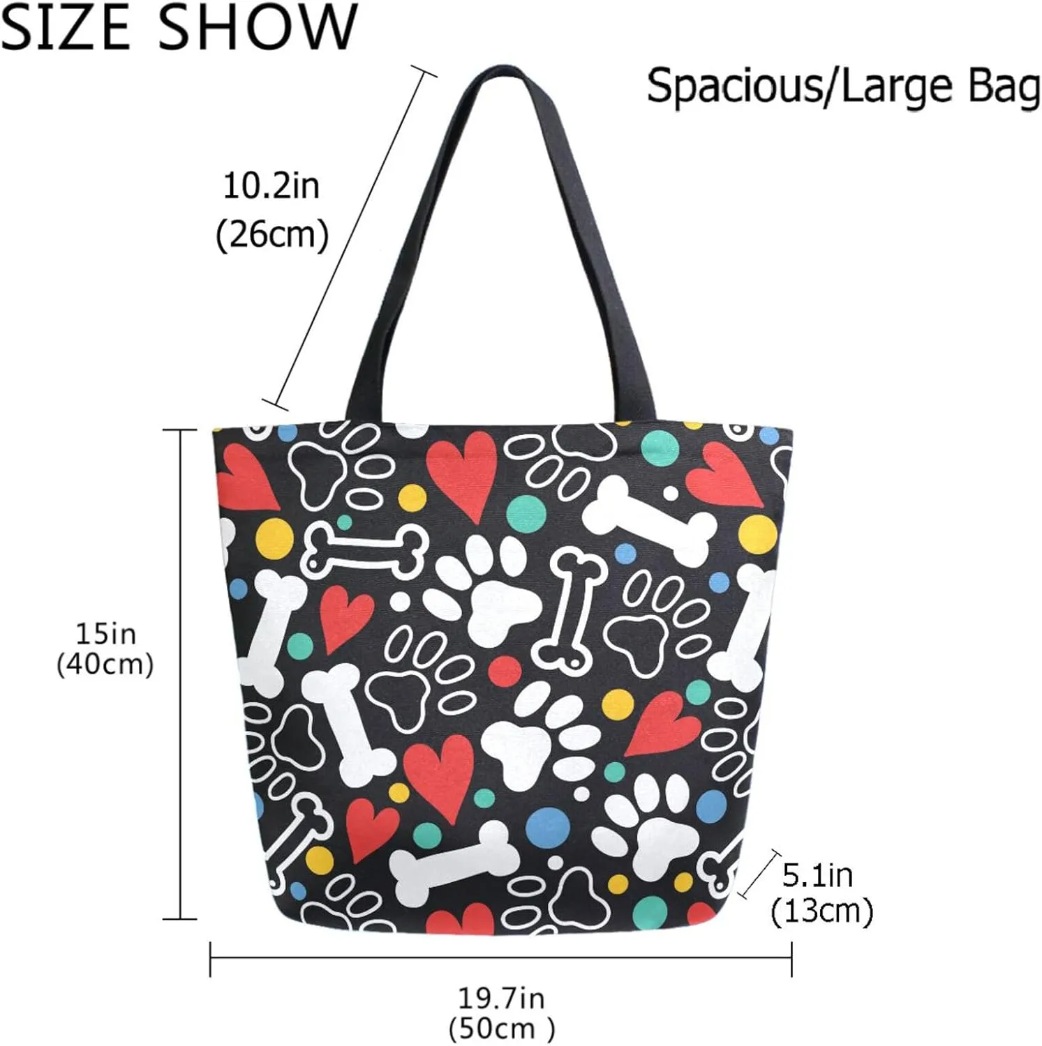 Naanle Extra Large Tote Handle Bags, Paw Prints Bones Hearts Floral Canvas Reusable Market Beach Travel Gym Shopping Shoulder Bag for Women