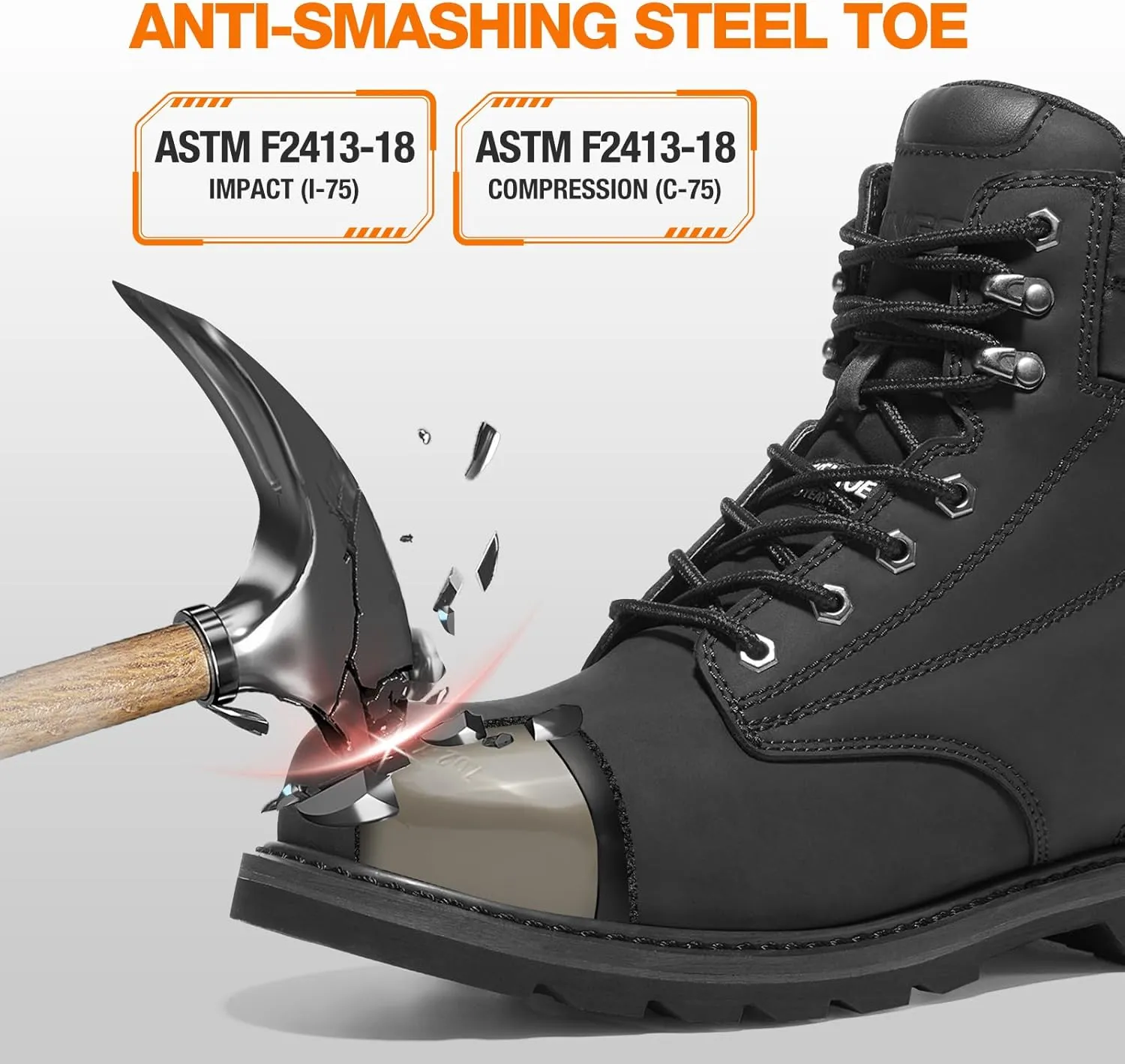 NINGO Steel Toe Work Boots for Men, Waterproof Comfortable Leather Industrial & Construction Boots, Oil & Slip Resistance Safety Shoes with EH Protection, for Outdoor Factories Warehouses Farms