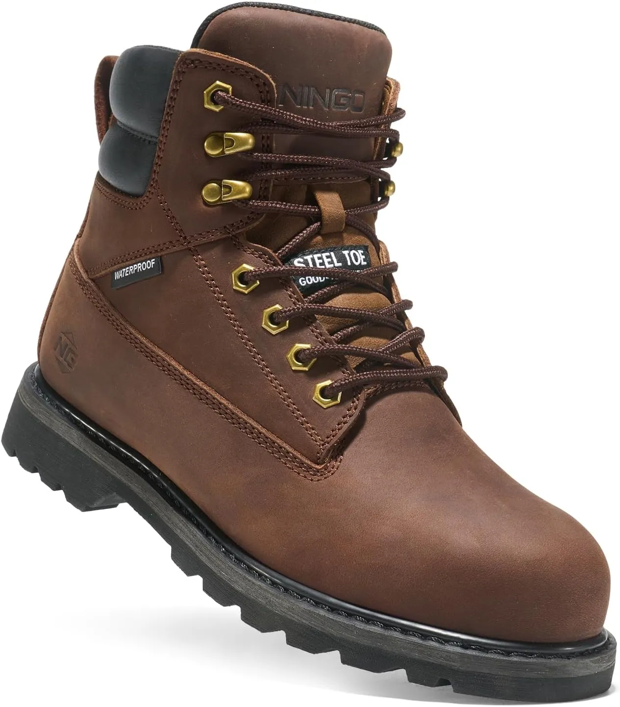 NINGO Steel Toe Work Boots for Men, Waterproof Comfortable Leather Industrial & Construction Boots, Oil & Slip Resistance Safety Shoes with EH Protection, for Outdoor Factories Warehouses Farms