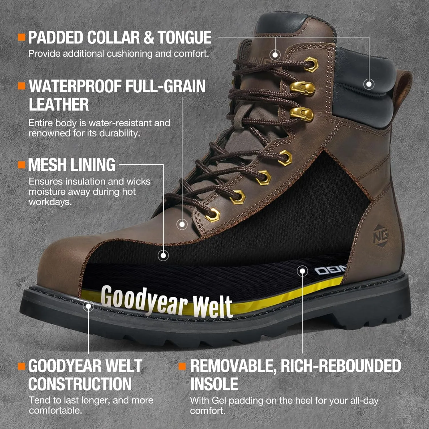 NINGO Steel Toe Work Boots for Men, Waterproof Comfortable Leather Industrial & Construction Boots, Oil & Slip Resistance Safety Shoes with EH Protection, for Outdoor Factories Warehouses Farms