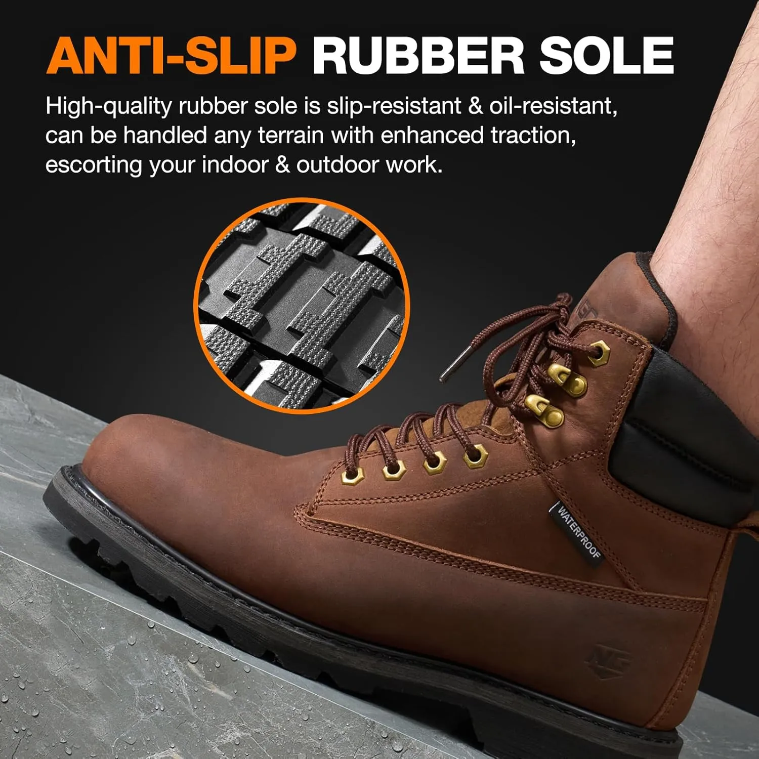 NINGO Steel Toe Work Boots for Men, Waterproof Comfortable Leather Industrial & Construction Boots, Oil & Slip Resistance Safety Shoes with EH Protection, for Outdoor Factories Warehouses Farms