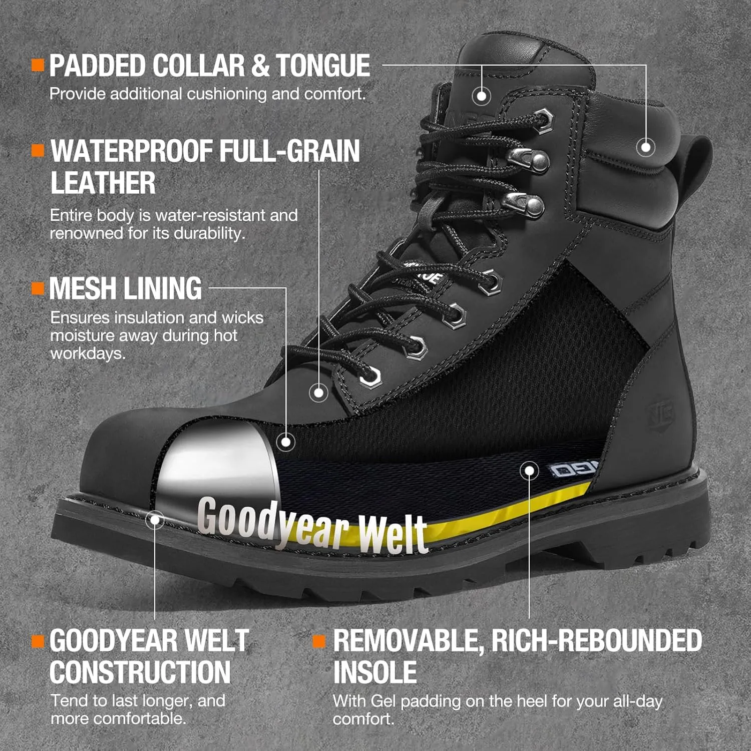 NINGO Steel Toe Work Boots for Men, Waterproof Comfortable Leather Industrial & Construction Boots, Oil & Slip Resistance Safety Shoes with EH Protection, for Outdoor Factories Warehouses Farms