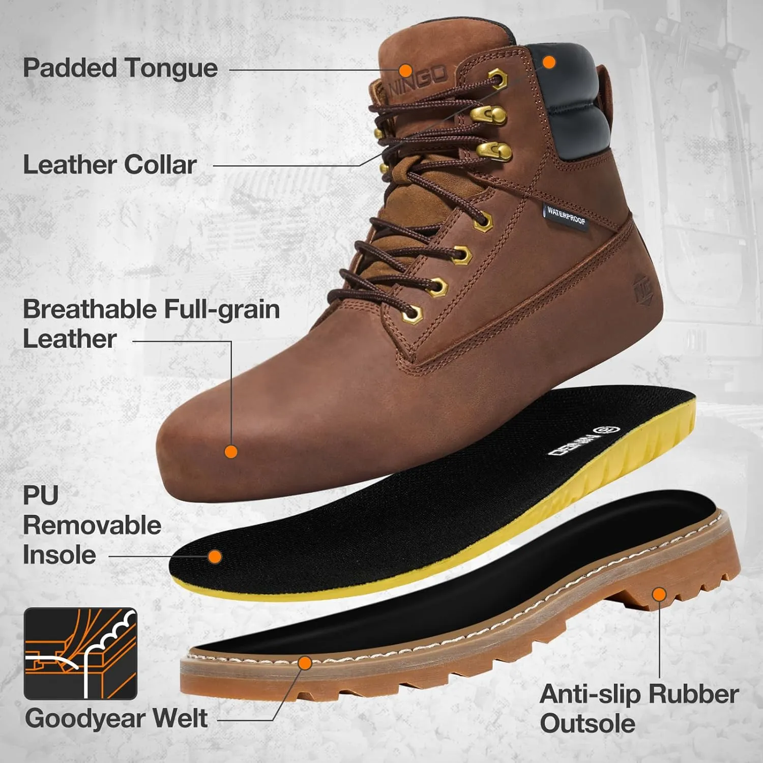 NINGO Steel Toe Work Boots for Men, Waterproof Comfortable Leather Industrial & Construction Boots, Oil & Slip Resistance Safety Shoes with EH Protection, for Outdoor Factories Warehouses Farms