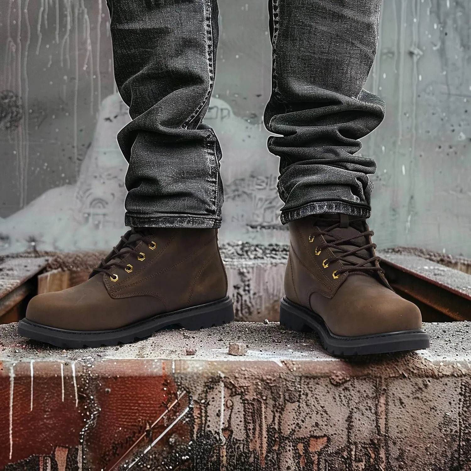 NINGO Steel Toe Work Boots for Men, Waterproof Comfortable Leather Industrial & Construction Boots, Oil & Slip Resistance Safety Shoes with EH Protection, for Outdoor Factories Warehouses Farms