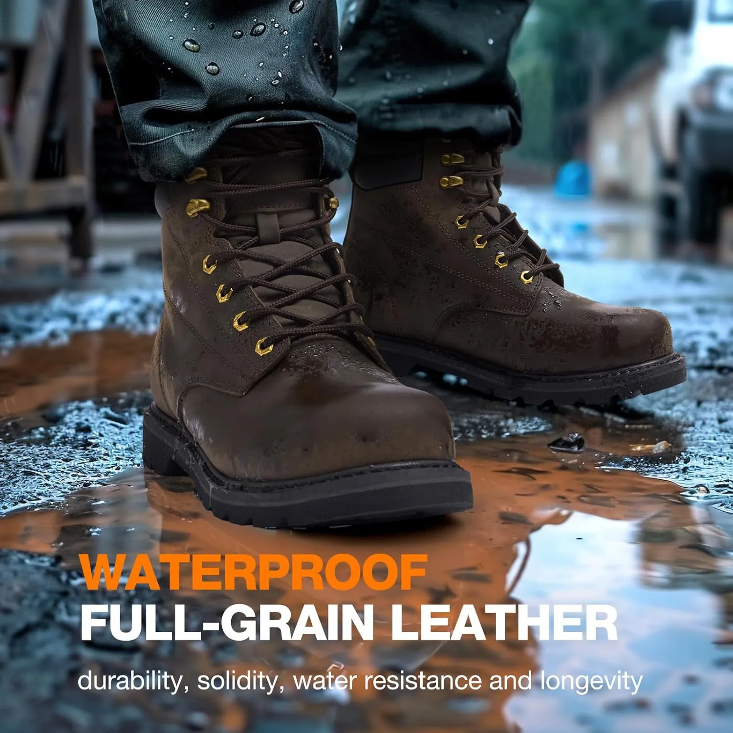 NINGO Steel Toe Work Boots for Men, Waterproof Comfortable Leather Industrial & Construction Boots, Oil & Slip Resistance Safety Shoes with EH Protection, for Outdoor Factories Warehouses Farms