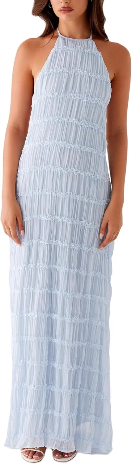 NUFIWI Women Sexy Smocked Maxi Dress Halter Neck Backless Bodycon Long Dress Summer Flowy Beach Vacation Sundress
