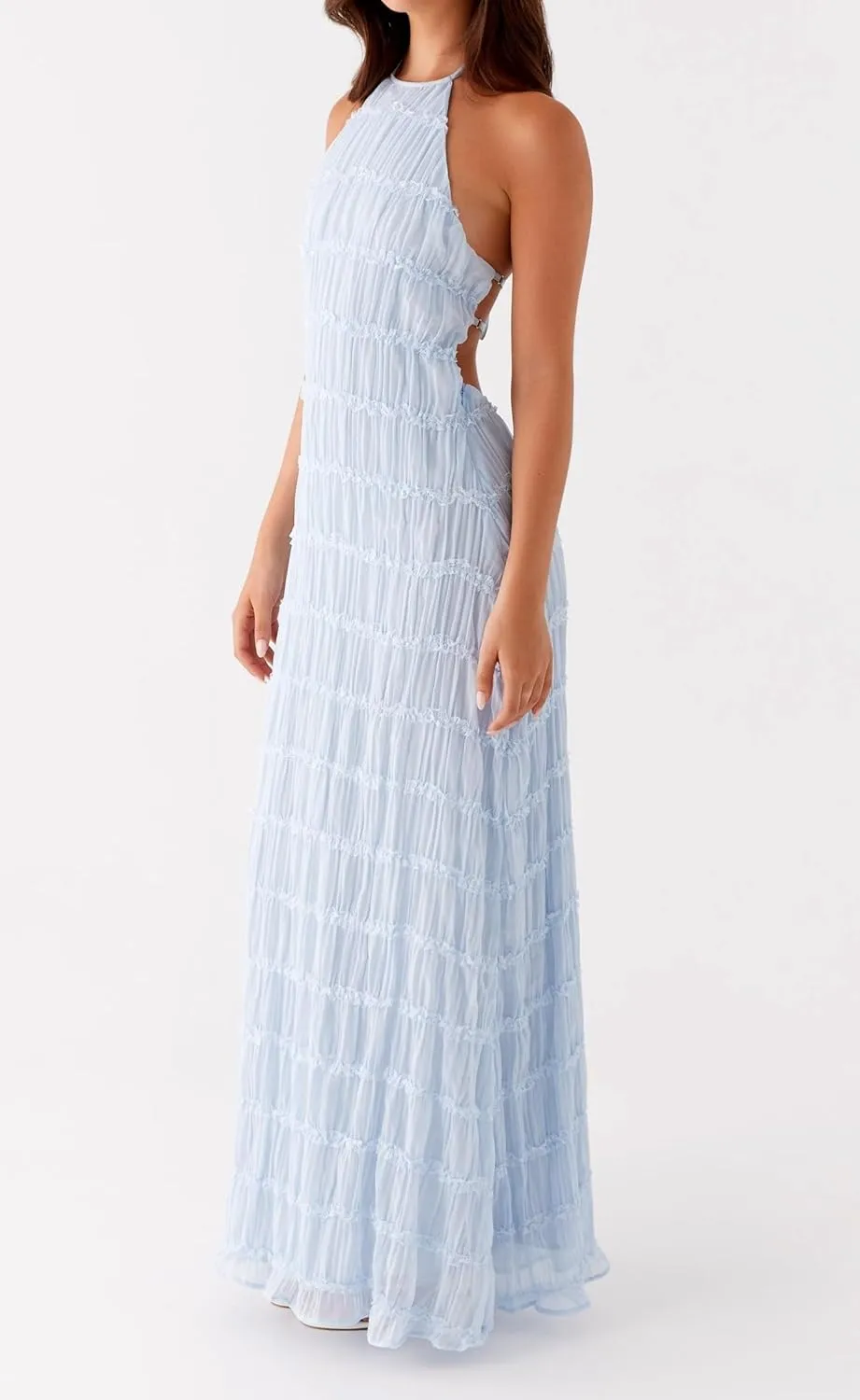 NUFIWI Women Sexy Smocked Maxi Dress Halter Neck Backless Bodycon Long Dress Summer Flowy Beach Vacation Sundress