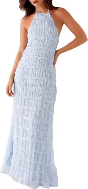 NUFIWI Women Sexy Smocked Maxi Dress Halter Neck Backless Bodycon Long Dress Summer Flowy Beach Vacation Sundress