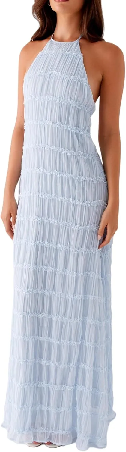 NUFIWI Women Sexy Smocked Maxi Dress Halter Neck Backless Bodycon Long Dress Summer Flowy Beach Vacation Sundress