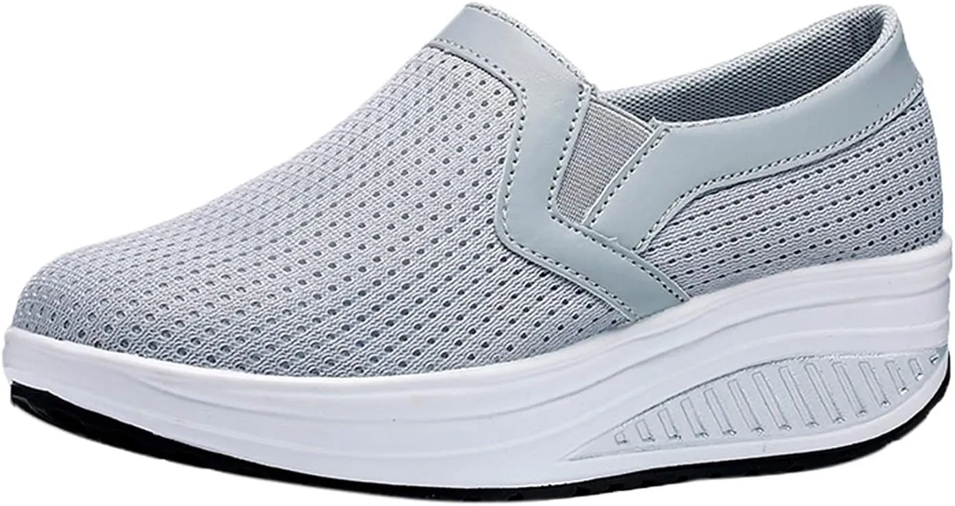 oiangi Women Wedge Shoes Breathable Mesh Sneakers Slip On Comfort Walking Shoes Fashion Casual Solid Color Round Toe Non-Slip Platform Sports Shoes