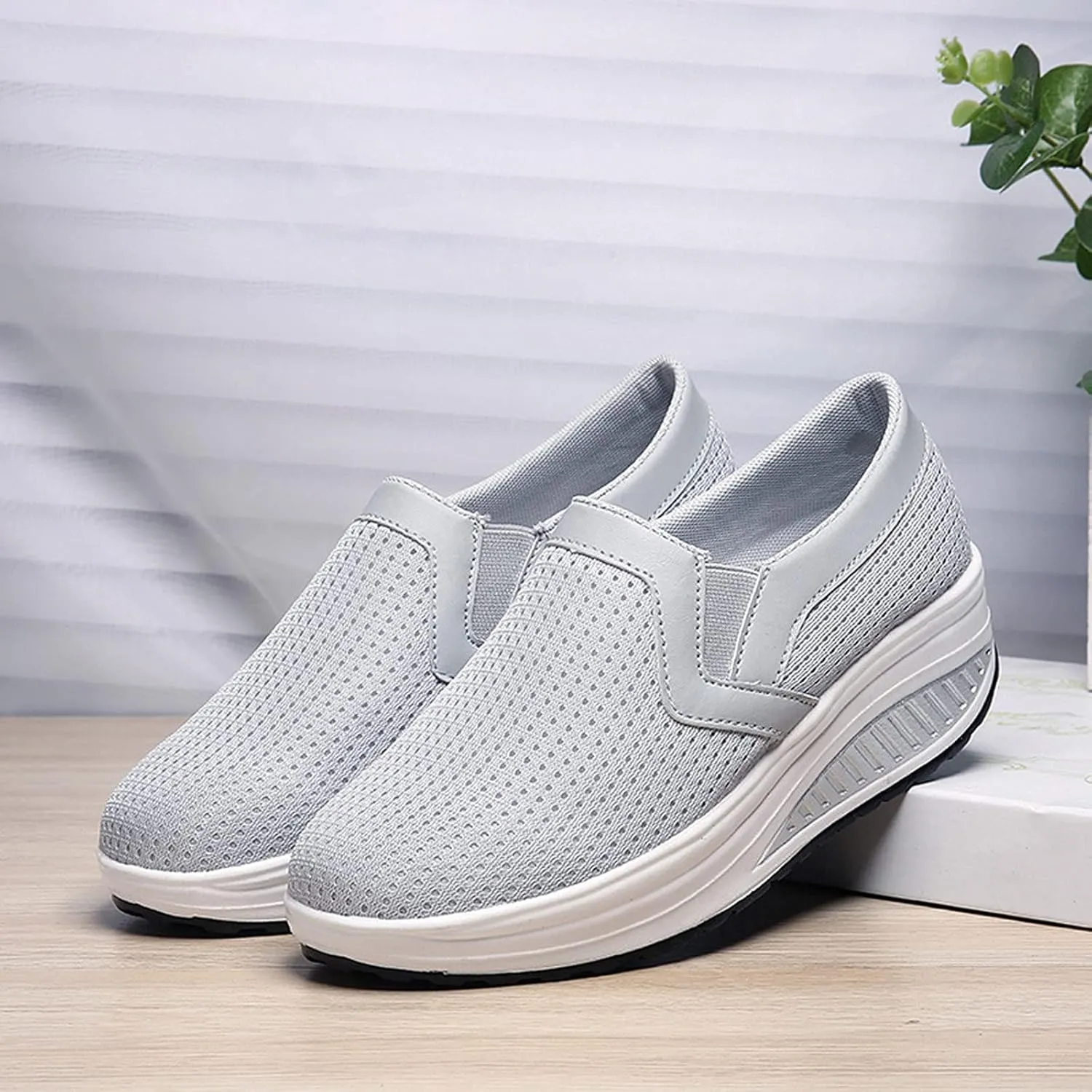 oiangi Women Wedge Shoes Breathable Mesh Sneakers Slip On Comfort Walking Shoes Fashion Casual Solid Color Round Toe Non-Slip Platform Sports Shoes