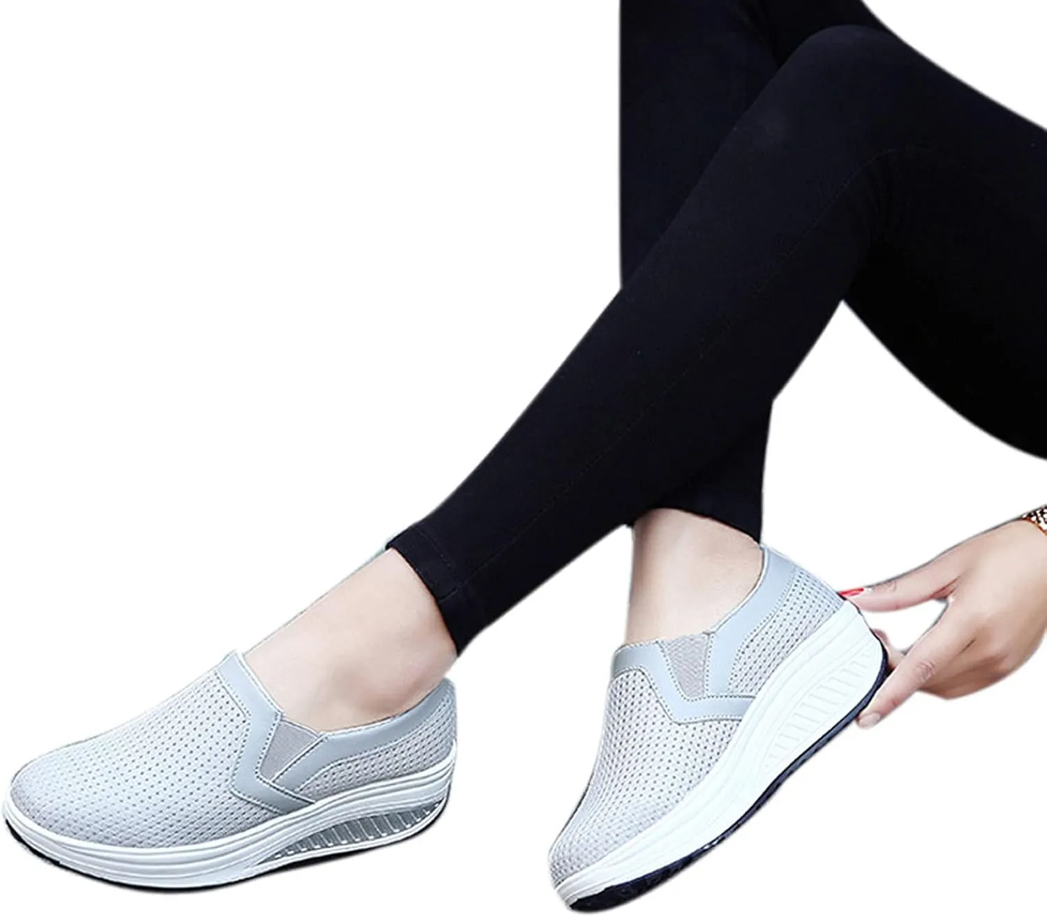 oiangi Women Wedge Shoes Breathable Mesh Sneakers Slip On Comfort Walking Shoes Fashion Casual Solid Color Round Toe Non-Slip Platform Sports Shoes