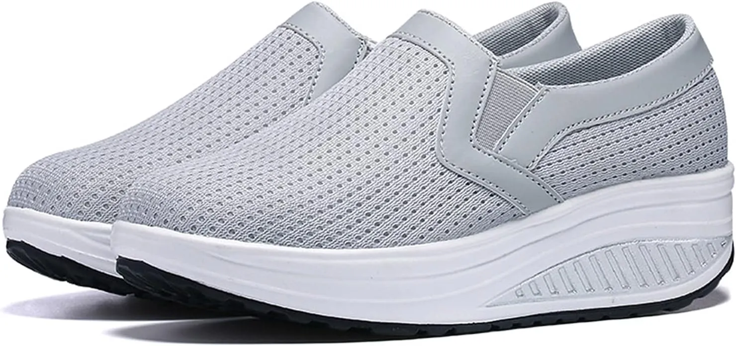 oiangi Women Wedge Shoes Breathable Mesh Sneakers Slip On Comfort Walking Shoes Fashion Casual Solid Color Round Toe Non-Slip Platform Sports Shoes
