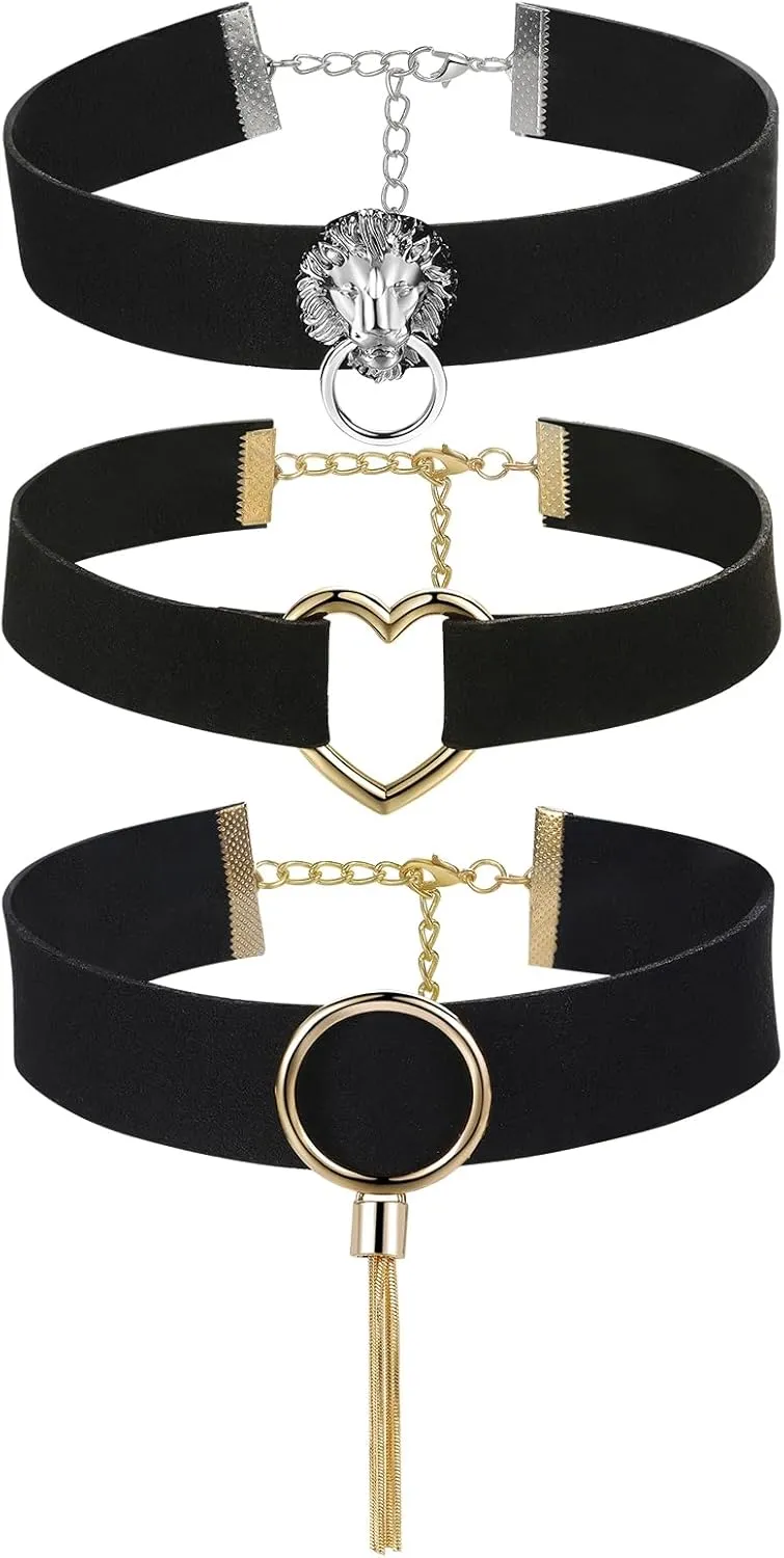 OIDEA Womens Black Velvet Choker Set: Wide Adjustable Punk Gothic Choker Necklace O Ring Heart-Shaped Lion Head Tassel Choker Collars Party Cosplay Christmas Birthday Jewelry Gifts