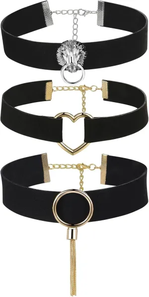 OIDEA Womens Black Velvet Choker Set: Wide Adjustable Punk Gothic Choker Necklace O Ring Heart-Shaped Lion Head Tassel Choker Collars Party Cosplay Christmas Birthday Jewelry Gifts