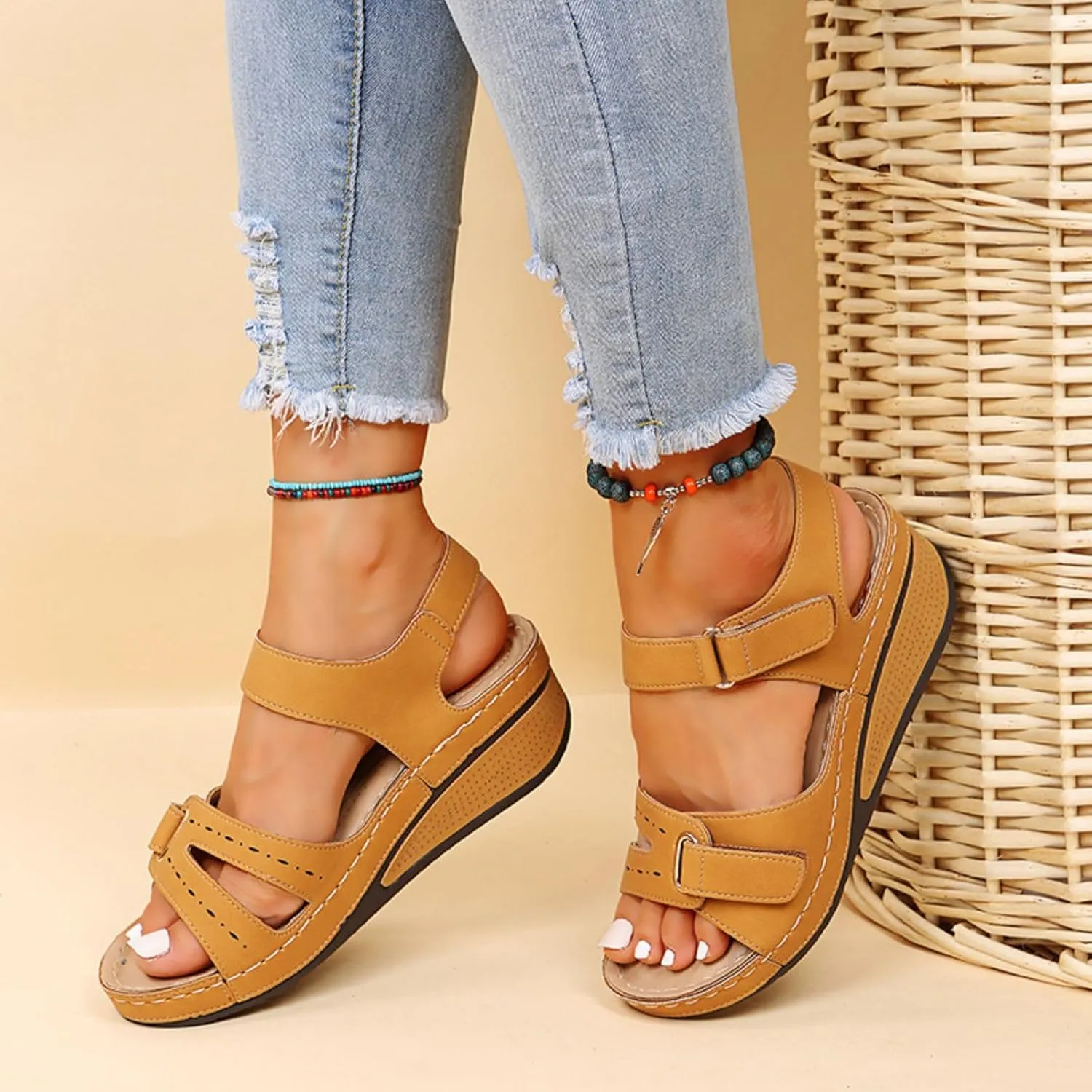 Orthopedic Wedge Sandals for Women 2025 - Fashion Wedge Sandals with Ankle Strap Comfortable Outdoor Shoes Beach Boho Vacation Platform Sandal