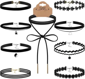 Outee 9 Pcs Choker Set Black Chokers Necklaces for Women Black Velvet Choker Necklaces Ribbon Chokers for Women