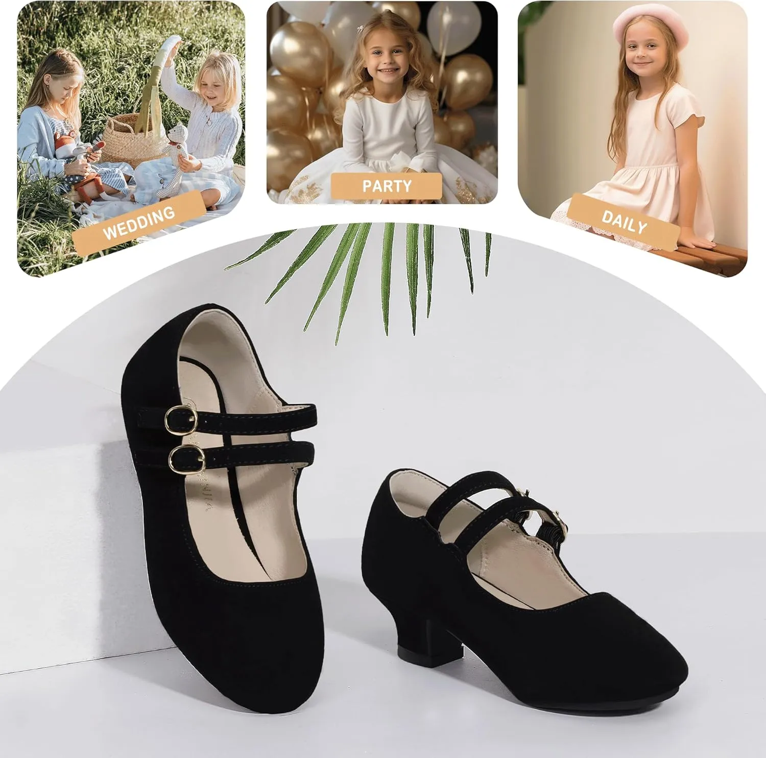 PANDANINJIA Christy Girls Heels Dress Shoes Mary Jane Rhinestone Bows Pumps Low Heel Princess Flower Wedding Party for Toddler Little Kid