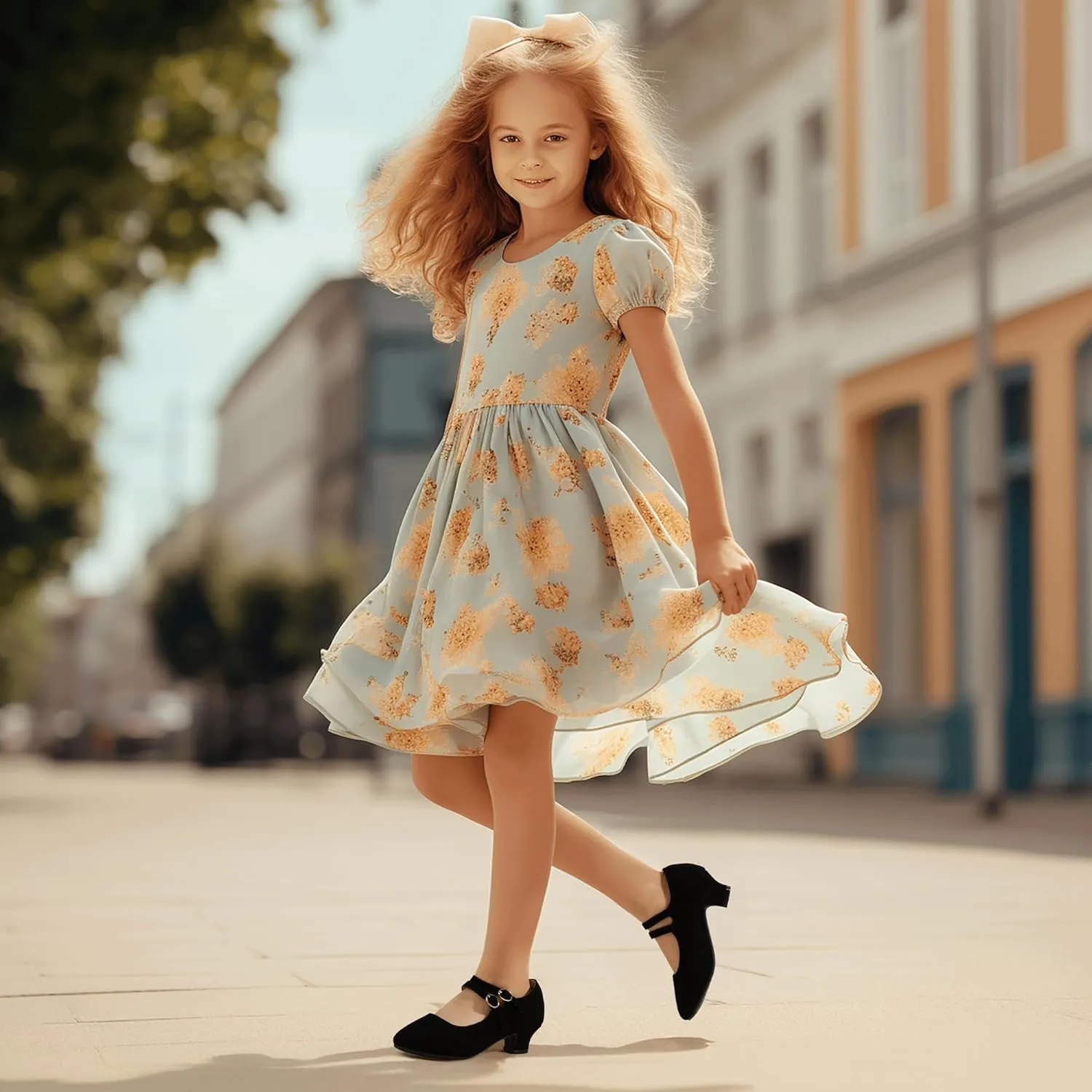 PANDANINJIA Christy Girls Heels Dress Shoes Mary Jane Rhinestone Bows Pumps Low Heel Princess Flower Wedding Party for Toddler Little Kid