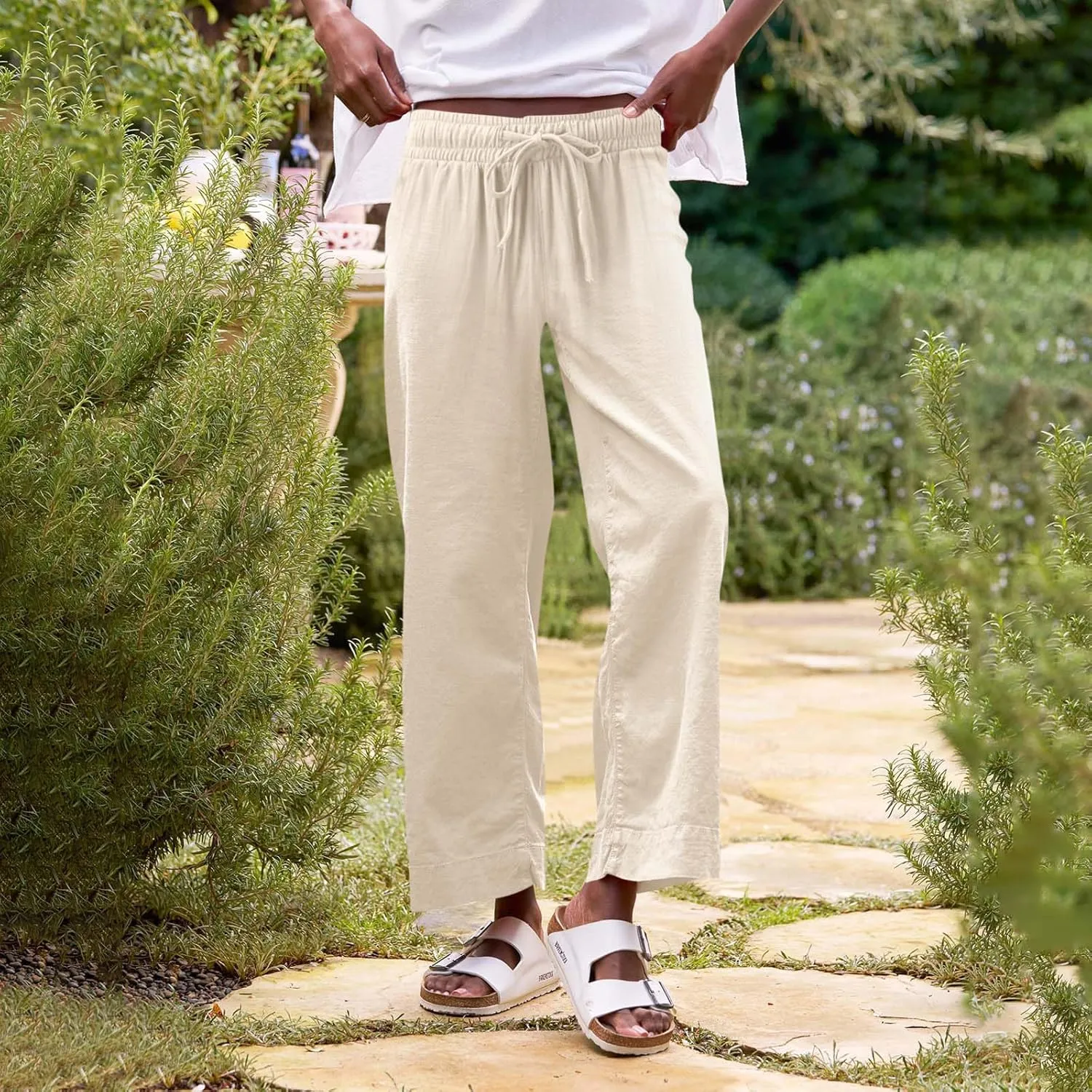 Pants for Women Wide Leg Loose High Rise Beach Baggy Pants 2025 Button Cropped Summer Pocket Solid Trouser Resort Wear