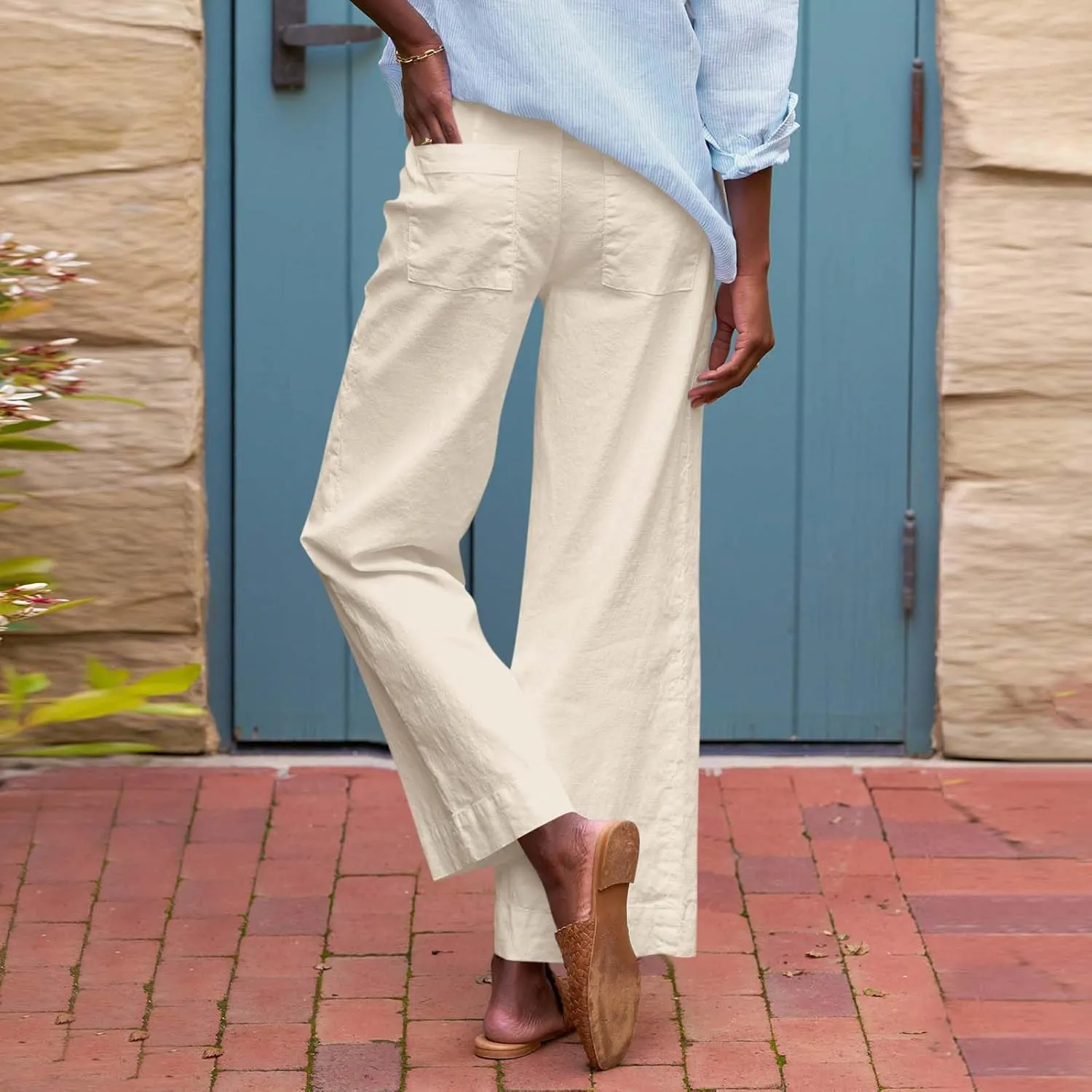 Pants for Women Wide Leg Loose High Rise Beach Baggy Pants 2025 Button Cropped Summer Pocket Solid Trouser Resort Wear