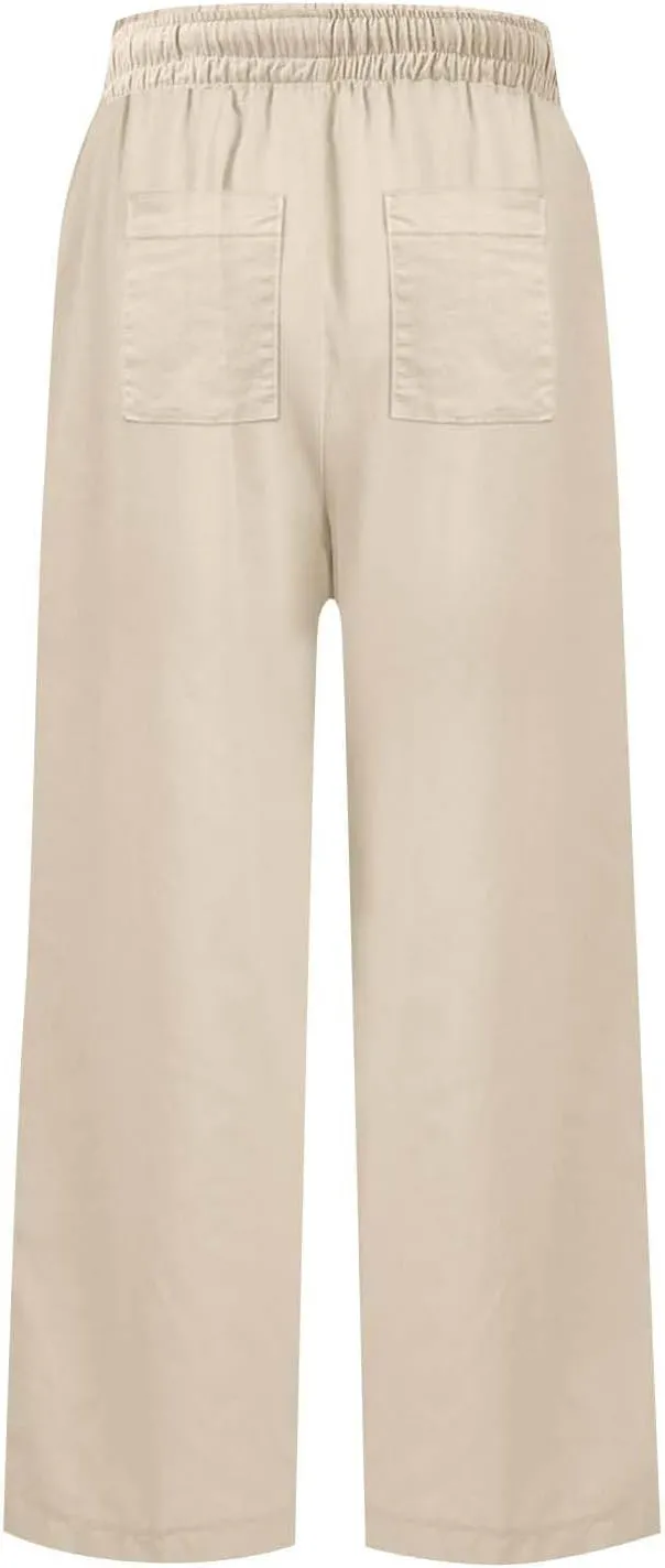 Pants for Women Wide Leg Loose High Rise Beach Baggy Pants 2025 Button Cropped Summer Pocket Solid Trouser Resort Wear