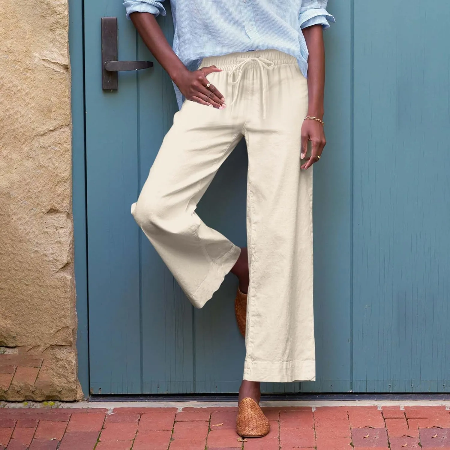 Pants for Women Wide Leg Loose High Rise Beach Baggy Pants 2025 Button Cropped Summer Pocket Solid Trouser Resort Wear