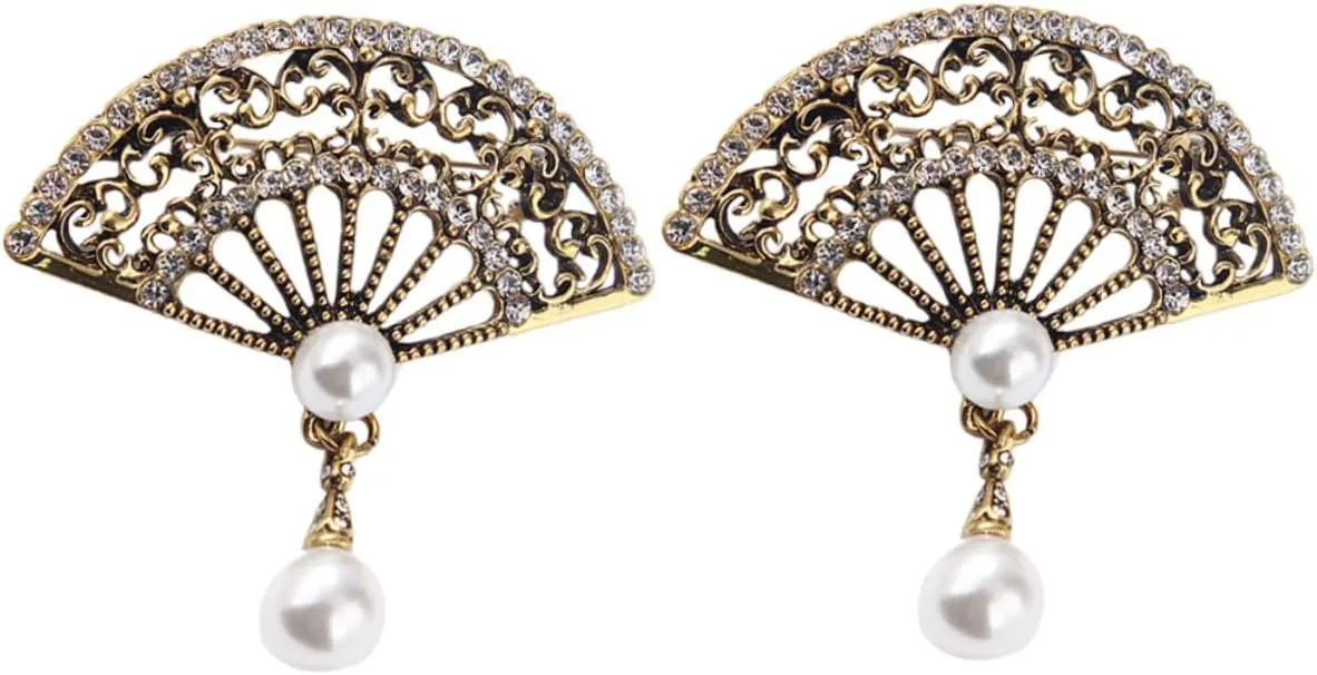 PartyKindom 2pcs Vintage Fan Shape Brooch Zinc Alloy Crystal Rhinestones for Wedding Banquets
