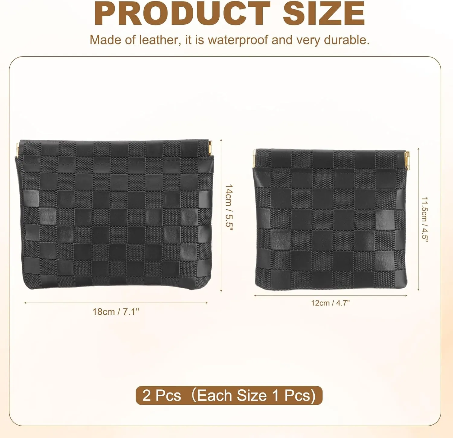 PATIKIL Small Snap Closure Pouches for Purse, 2 Sizes Mini Waterproof Leather Checkered Makeup Bag Portable No Zipper Self-Closing Travel Pocket Organizer Pouch Cosmetic Bag, Black