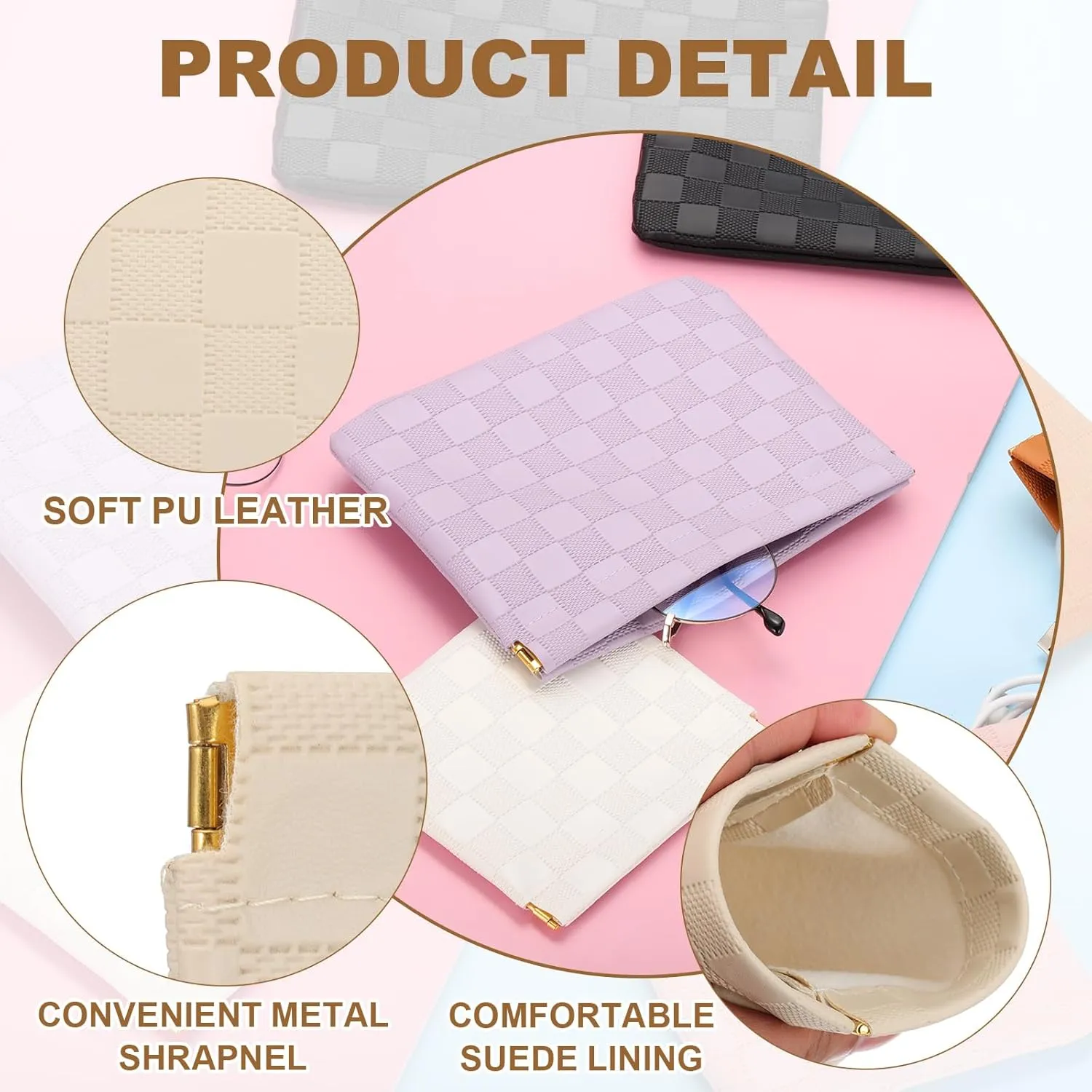 PATIKIL Small Snap Closure Pouches for Purse, 2 Sizes Mini Waterproof Leather Checkered Makeup Bag Portable No Zipper Self-Closing Travel Pocket Organizer Pouch Cosmetic Bag, Purple