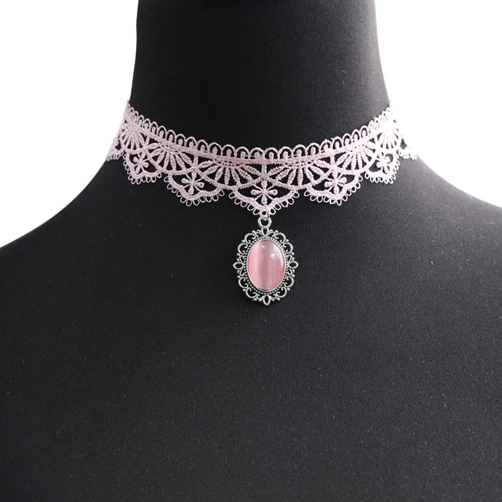 Pink Lace Choker Necklace Set, 10 Pieces