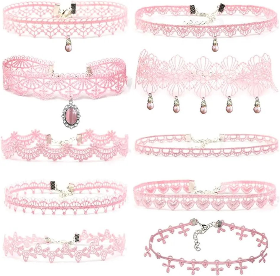 Pink Lace Choker Necklace Set, 10 Pieces