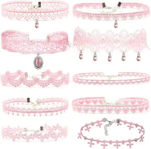 Pink Lace Choker Necklace Set, 10 Pieces