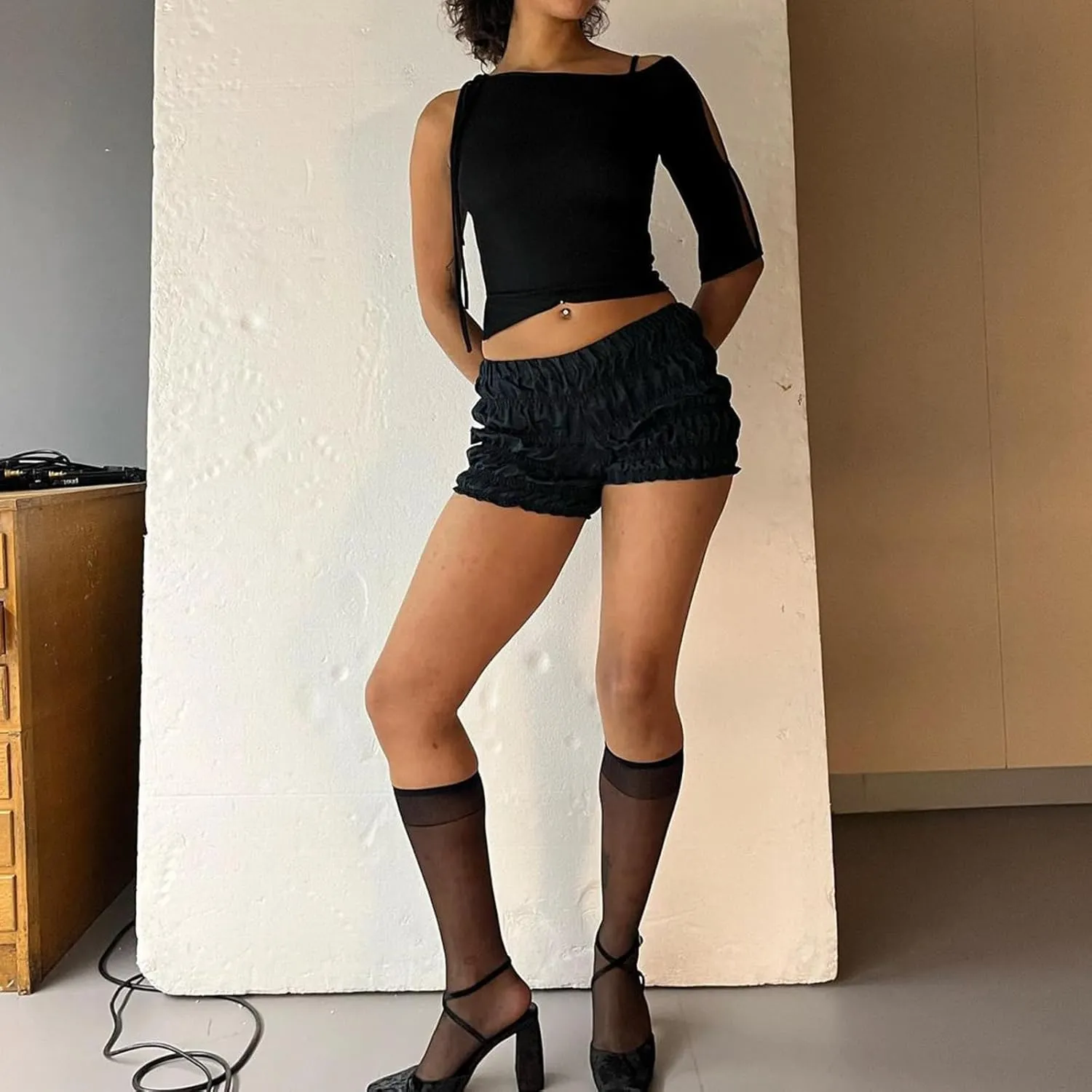 Plaid Boxer Shorts for Women Ruffle Smocked Bloomer Shorts Low Rise Micro Shorts Y2k Gingham Pjs Shorts Streetwear