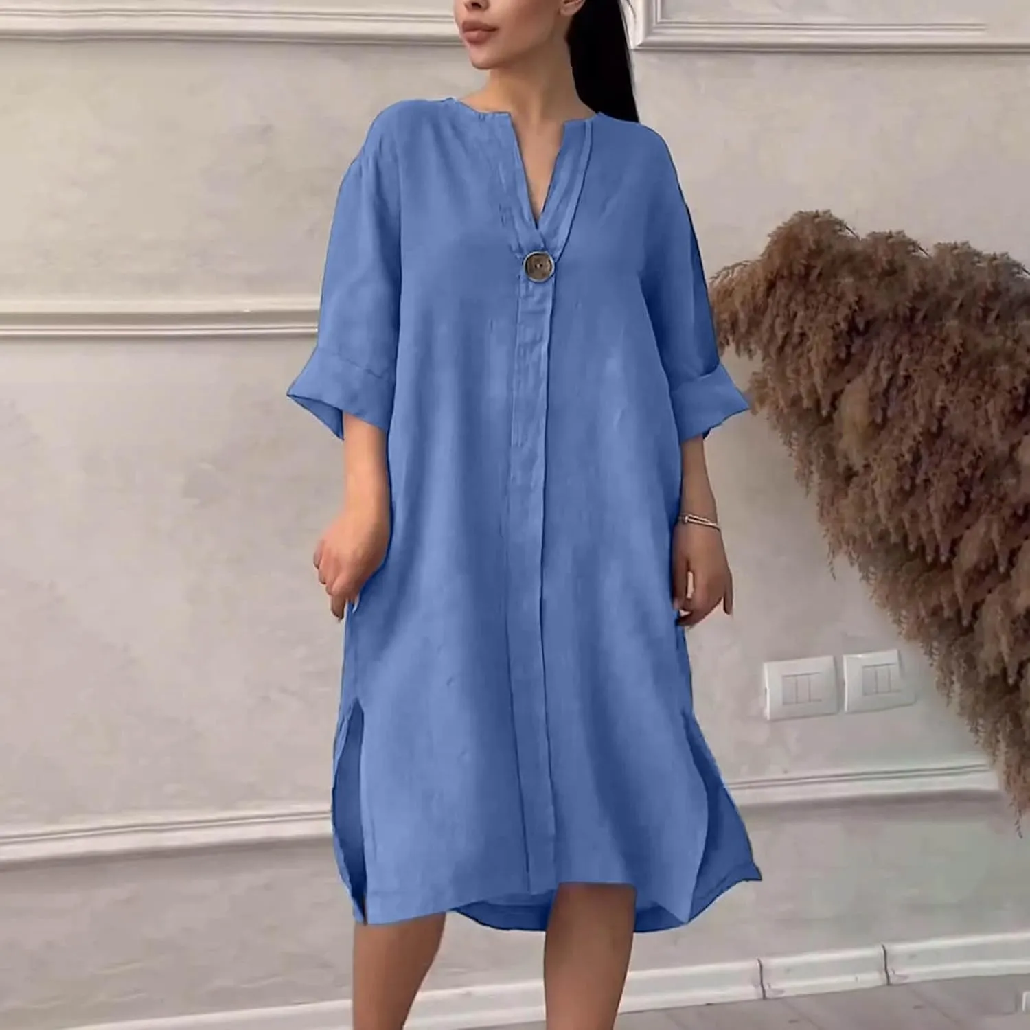 Plus Size Dresses for Curvy Women Casual V Neck 3/4 Sleeve Midi Dress Loose Fit Side Slit T-Shirt Dress with Buttons