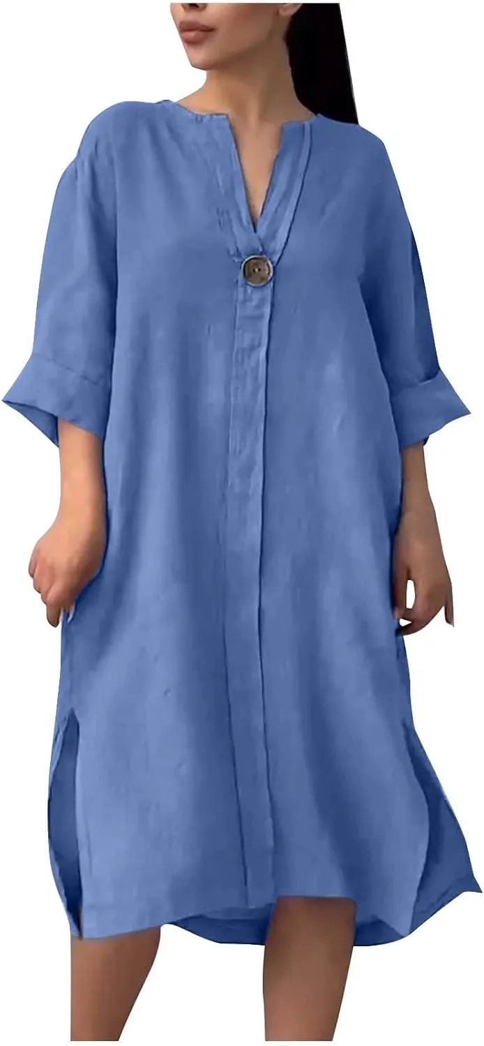 Plus Size Dresses for Curvy Women Casual V Neck 3/4 Sleeve Midi Dress Loose Fit Side Slit T-Shirt Dress with Buttons