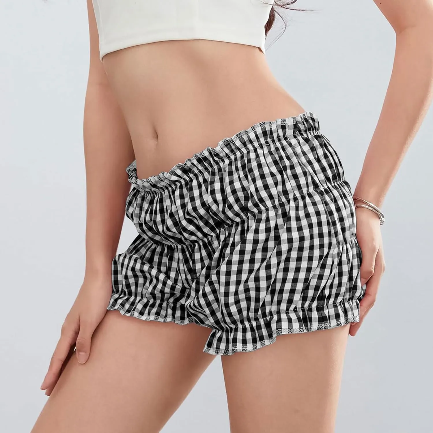 POHADON Women's Plaid Layered Ruffle Shorts Cute Lolita Shorts Mini Casual Pajama Shorts Y2k Gingham Boxer Lounge Shorts