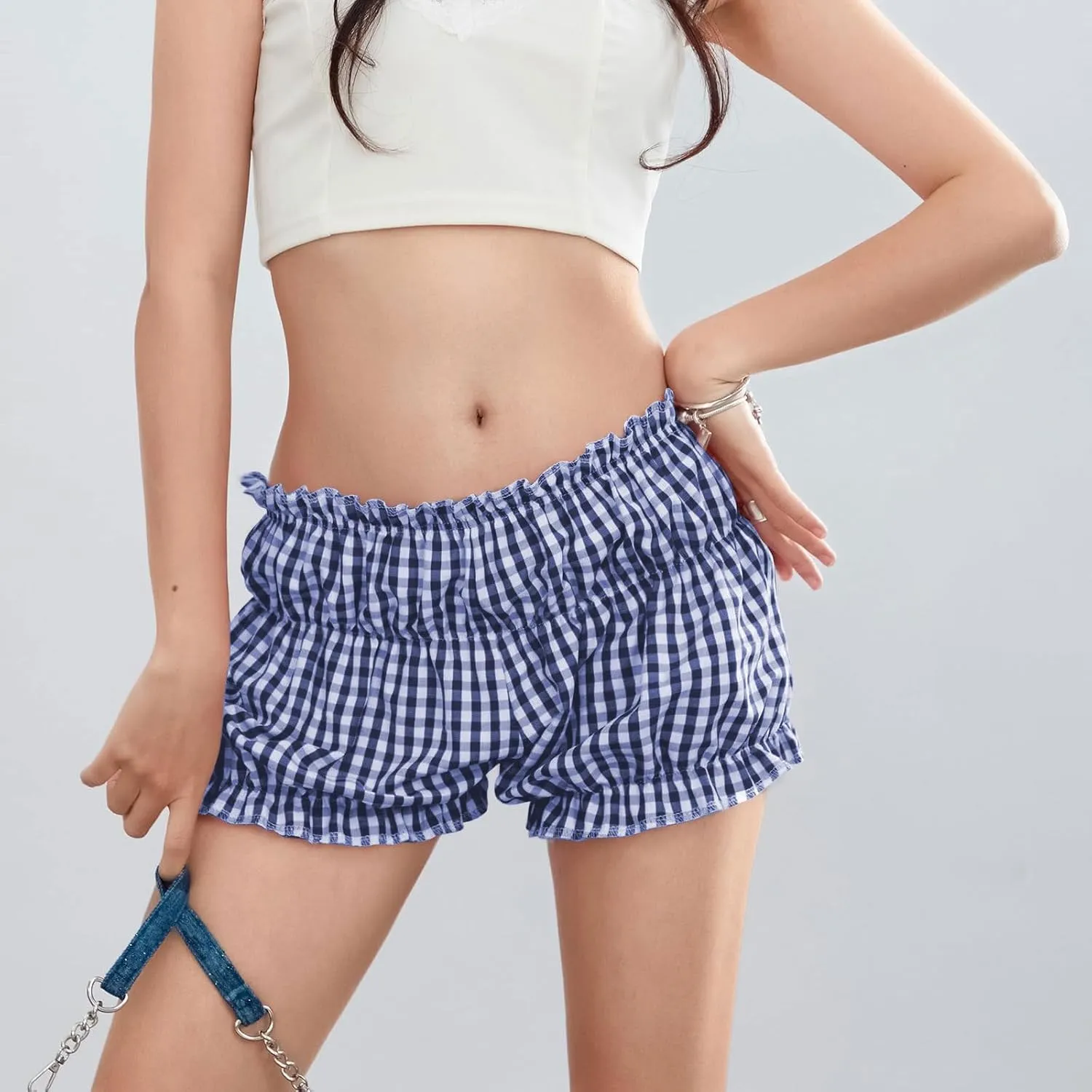 POHADON Women's Plaid Layered Ruffle Shorts Cute Lolita Shorts Mini Casual Pajama Shorts Y2k Gingham Boxer Lounge Shorts