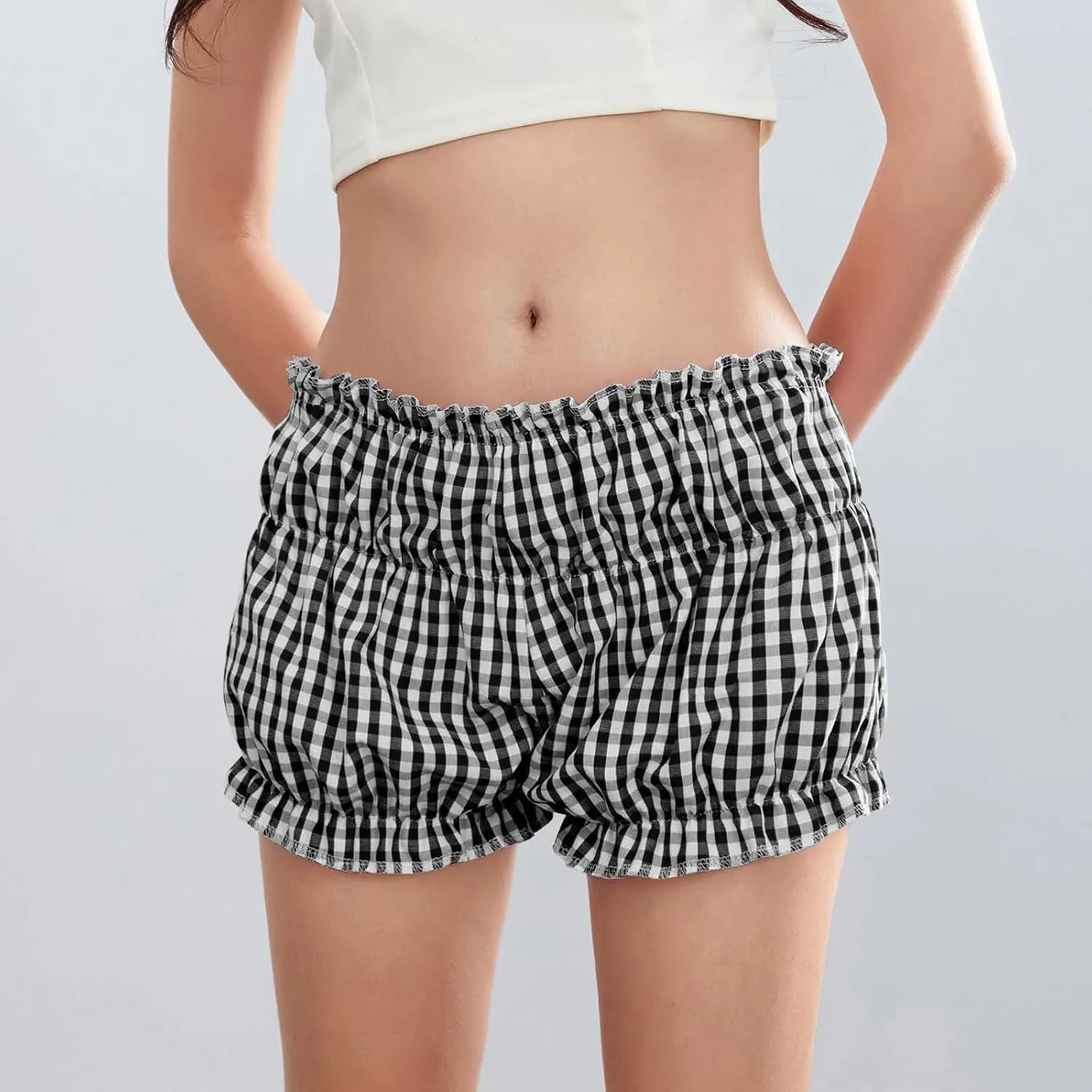 POHADON Women's Plaid Layered Ruffle Shorts Cute Lolita Shorts Mini Casual Pajama Shorts Y2k Gingham Boxer Lounge Shorts