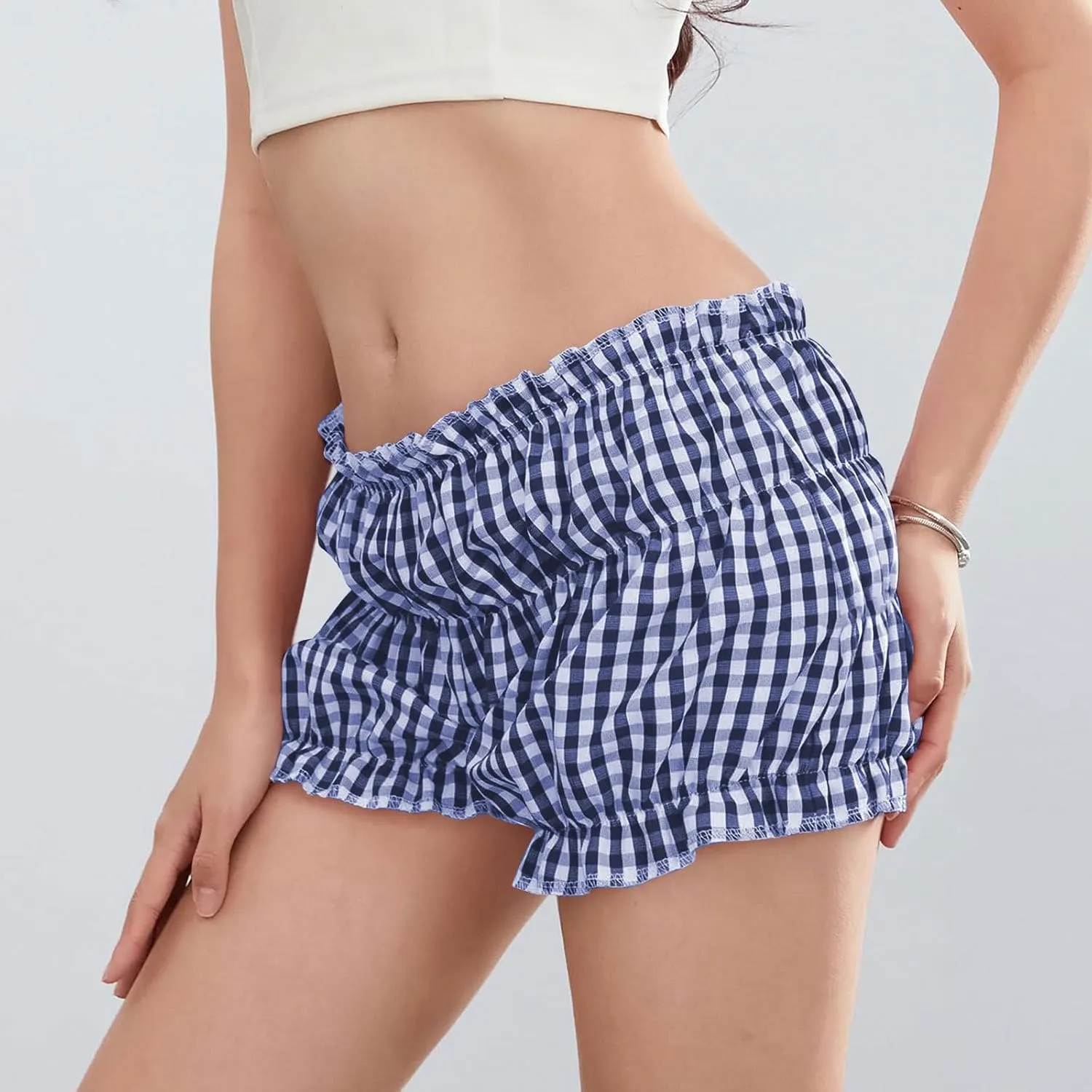 POHADON Women's Plaid Layered Ruffle Shorts Cute Lolita Shorts Mini Casual Pajama Shorts Y2k Gingham Boxer Lounge Shorts