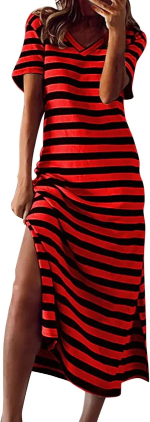 PTOLOCIF Summer Dress for Womens Fashion Short Sleeve Maxi Dress Casual Striped T Shirt Dress Long Color Block Maxi Dress