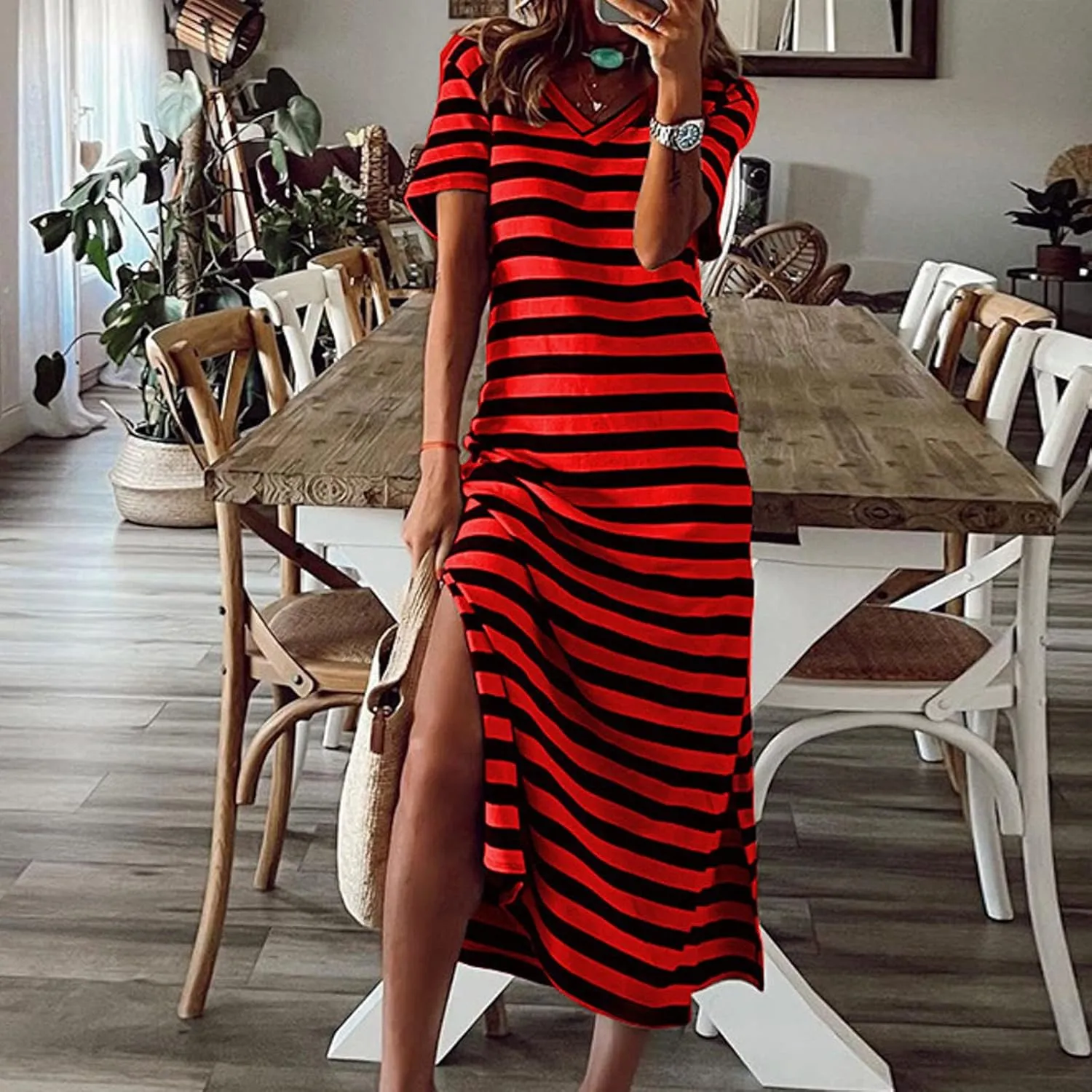 PTOLOCIF Summer Dress for Womens Fashion Short Sleeve Maxi Dress Casual Striped T Shirt Dress Long Color Block Maxi Dress