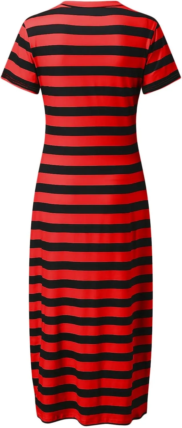 PTOLOCIF Summer Dress for Womens Fashion Short Sleeve Maxi Dress Casual Striped T Shirt Dress Long Color Block Maxi Dress