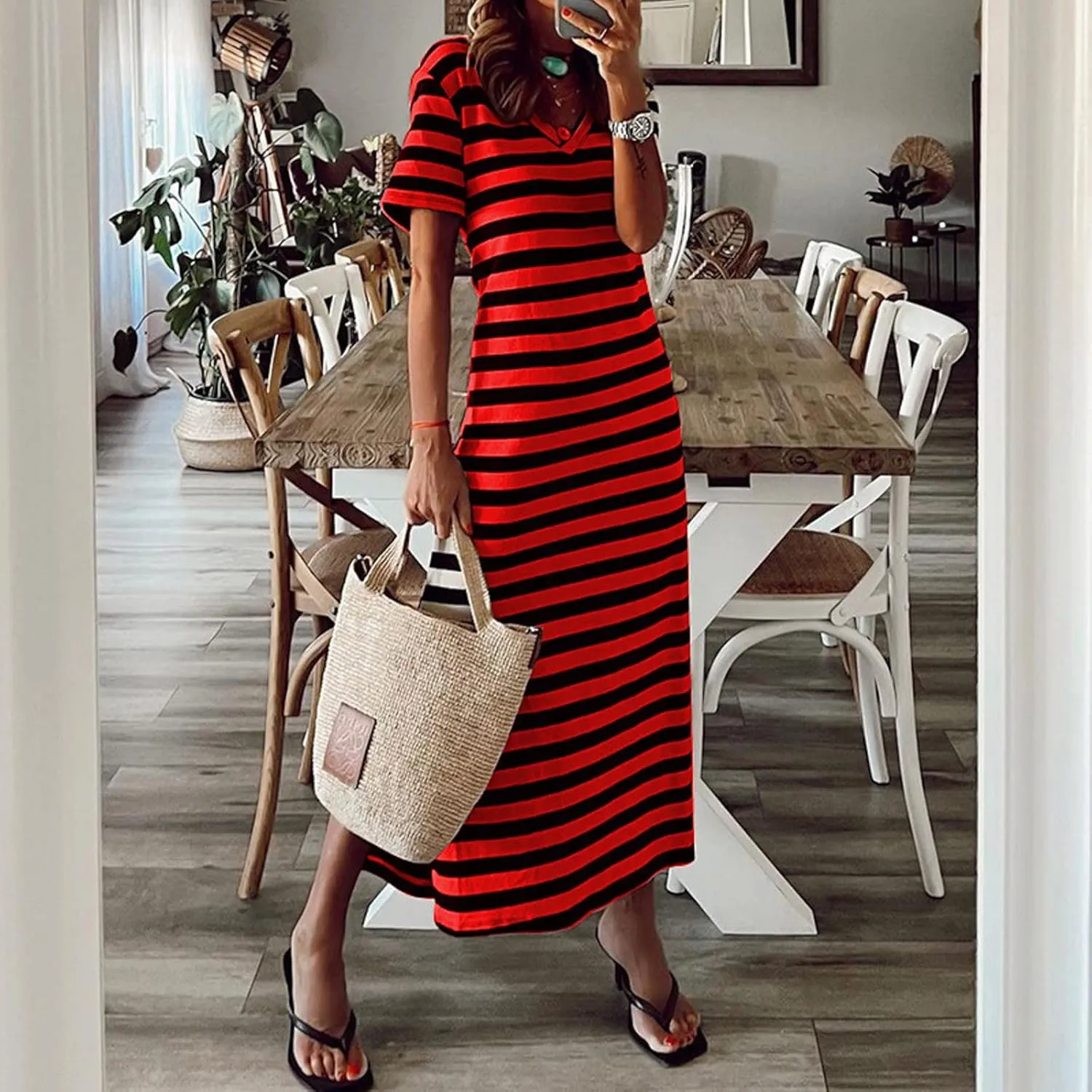 PTOLOCIF Summer Dress for Womens Fashion Short Sleeve Maxi Dress Casual Striped T Shirt Dress Long Color Block Maxi Dress