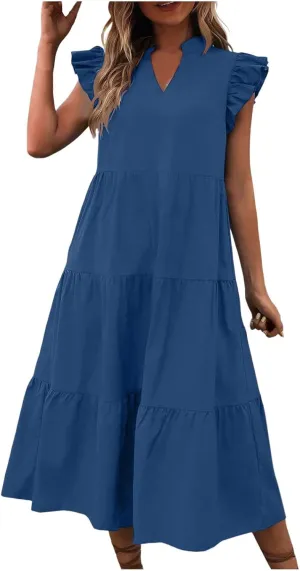 PTOLOCIF Women Fashion Solid V Neck Short Sexy Short Sleeve Casual Loose Long Dress V Dress