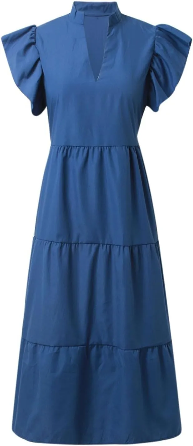 PTOLOCIF Women Fashion Solid V Neck Short Sexy Short Sleeve Casual Loose Long Dress V Dress