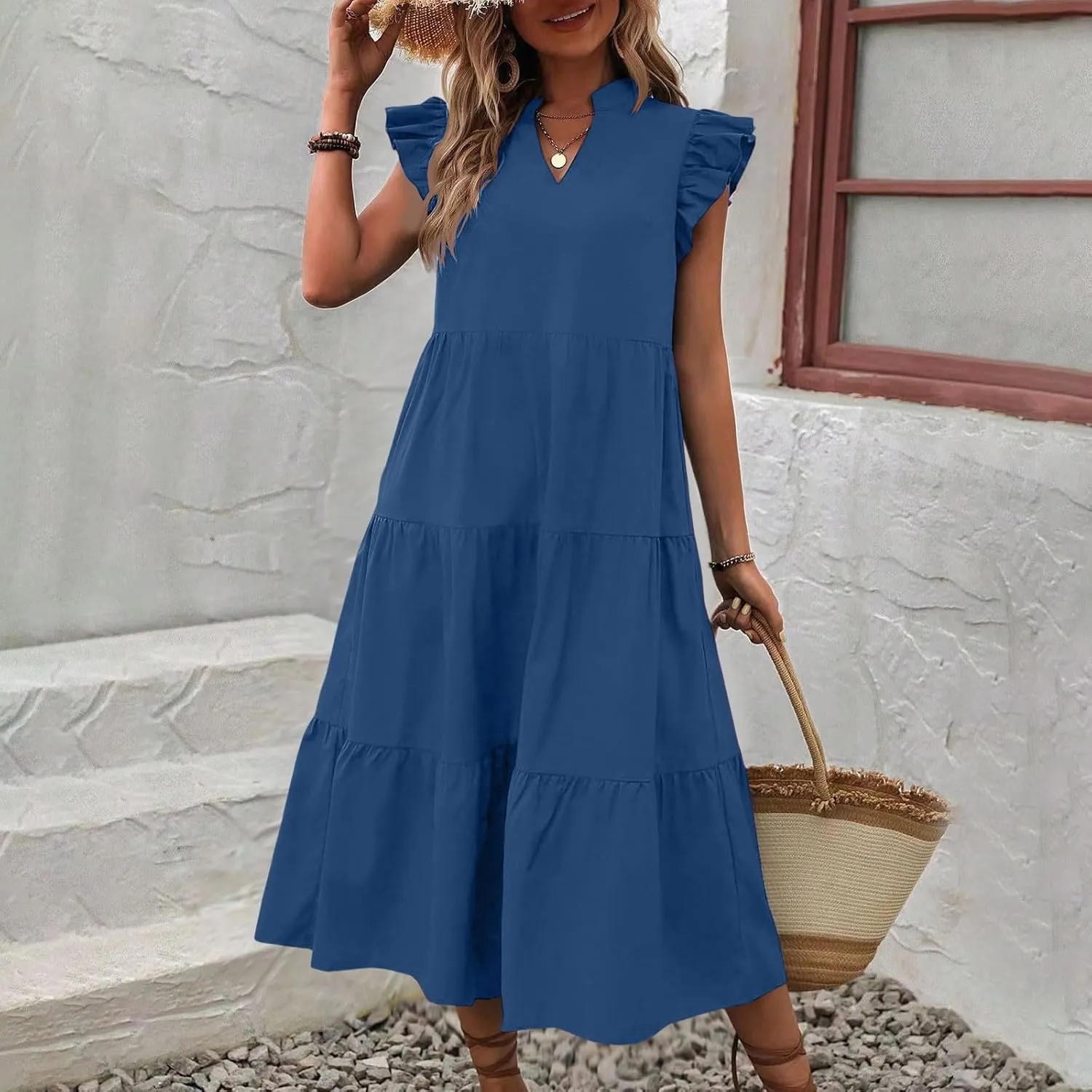 PTOLOCIF Women Fashion Solid V Neck Short Sexy Short Sleeve Casual Loose Long Dress V Dress