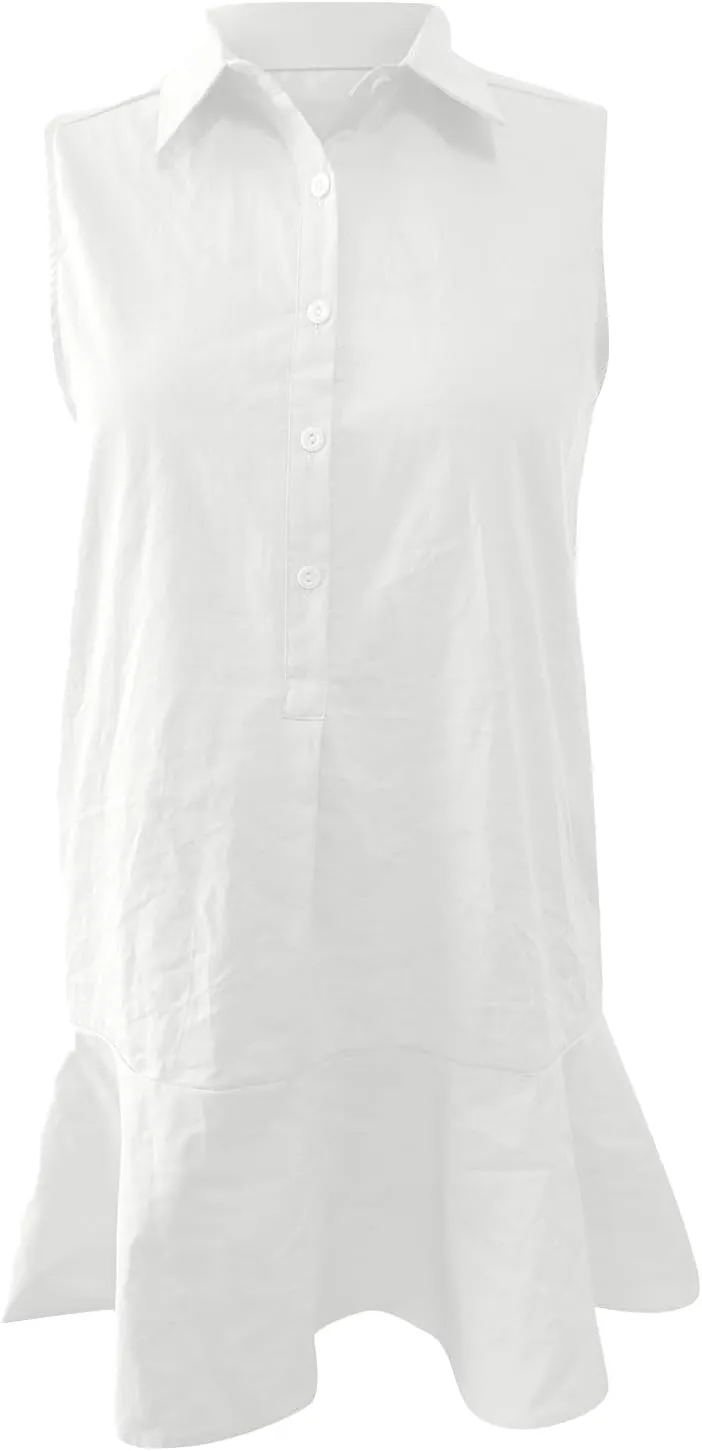 PTOLOCIF Women's Tunic Mini Shirt Dress Sleeveless Cute Chambray Dress Button Up Flowy Ruffle Hem Dresses Straight