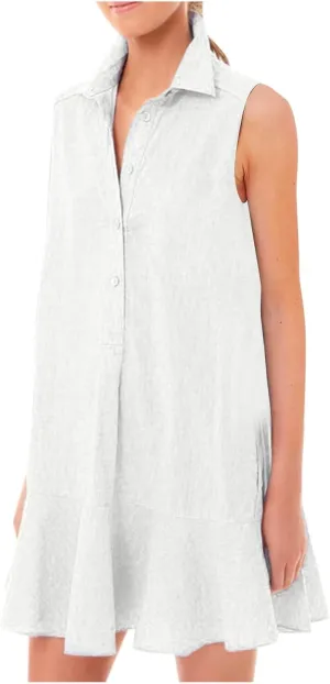 PTOLOCIF Women's Tunic Mini Shirt Dress Sleeveless Cute Chambray Dress Button Up Flowy Ruffle Hem Dresses Straight