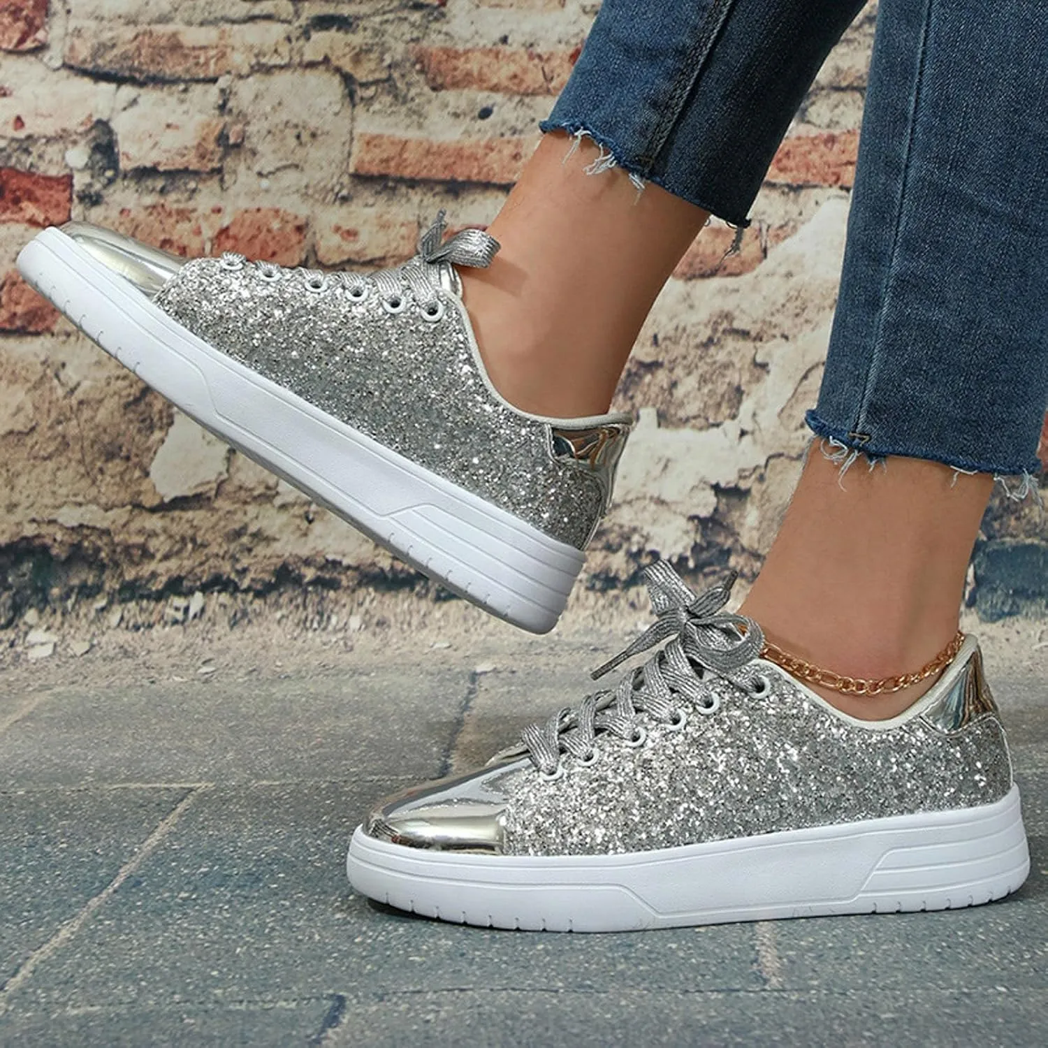 Rhinestone Sneakers for Women Women's Glitter Sneakers Shiny Sequin Tennis Rhinestone Bling Lace Up Shoes Fashion Sneakers